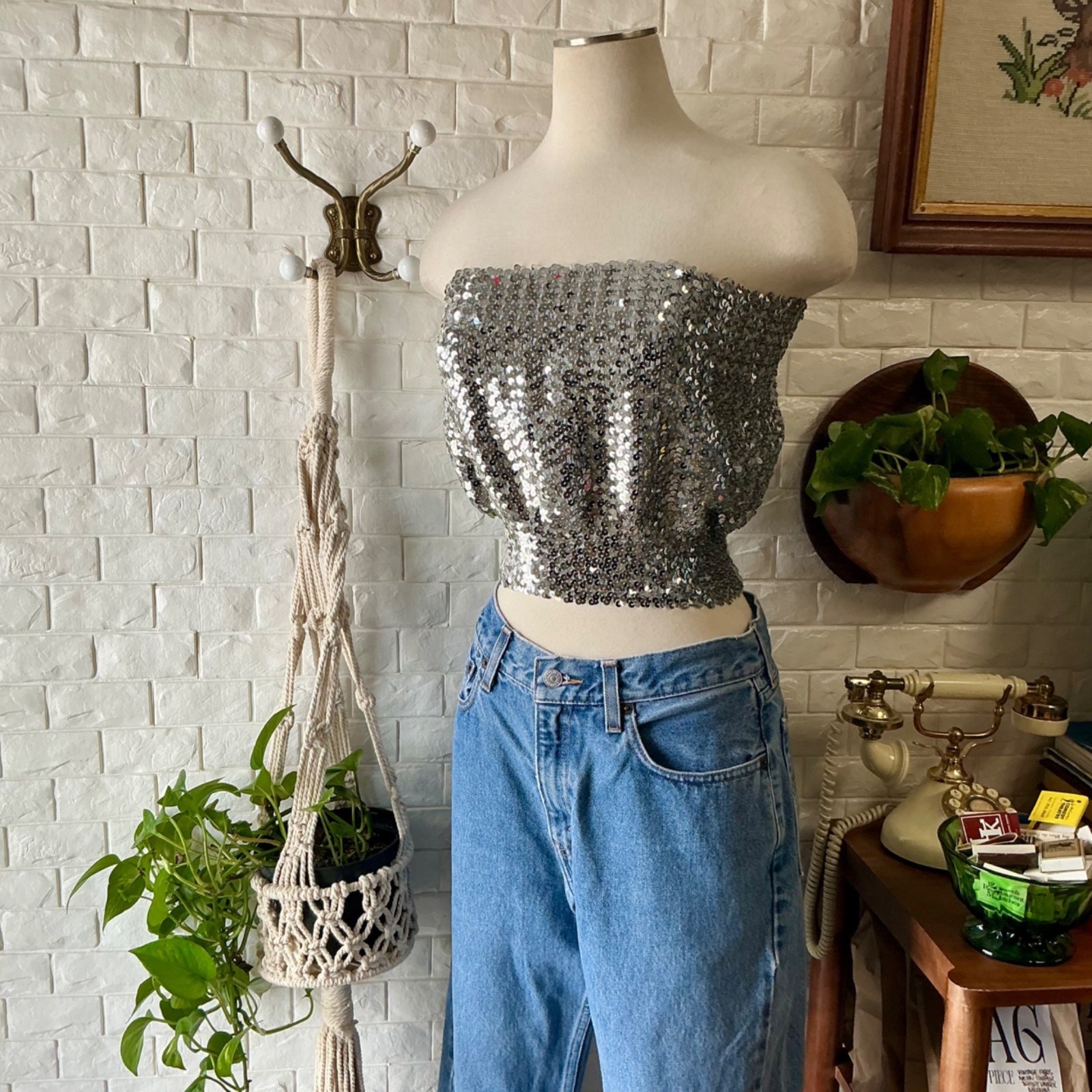 Vintage 1970s Disco Metallic Silver Sequin Tube Top