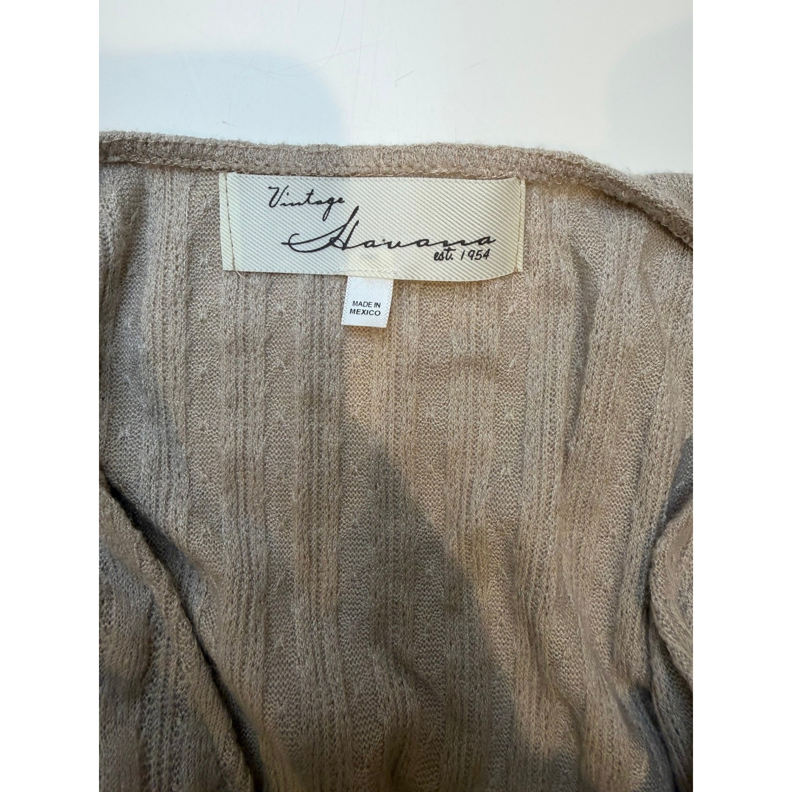 Vintage Havana Long Sleeve Cropped V Neck Top Tan Textured Fabric Size M