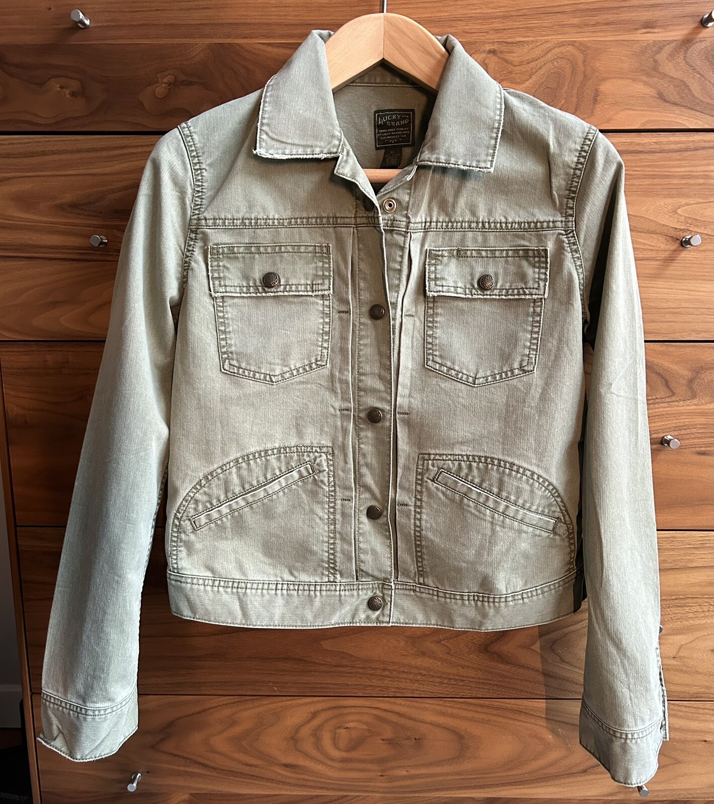 Vintage 2005 Lucky Brand Jean Jacket Green 100% Cotton Canvas Snap Front L/XL