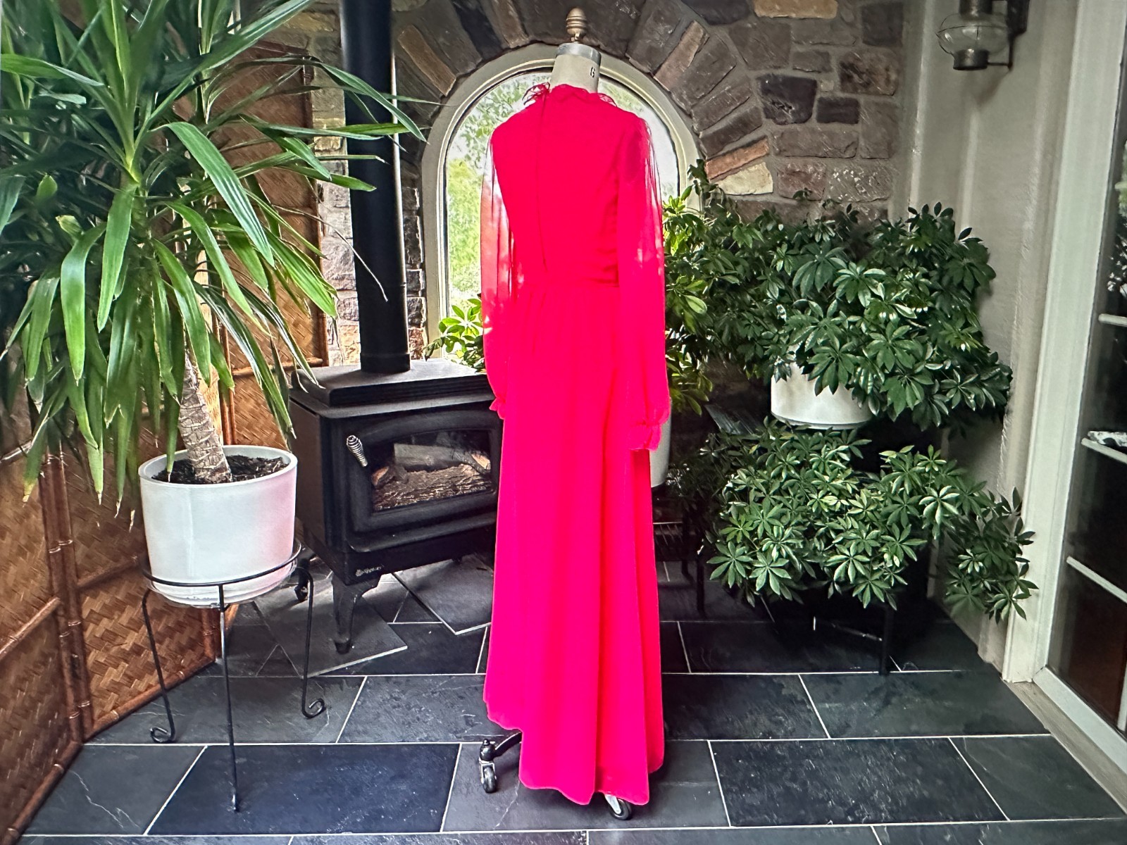 Vintage 1970s Deep Pink Chiffon Bridesmaid Dress Veil Hat House Bianchi Boston