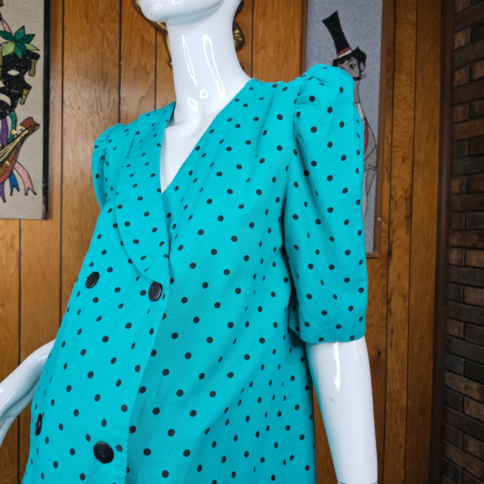 Vtg 80s New Wave Maternity Power Suit Teal Polka Dot Pencil Secretary Dress M/L