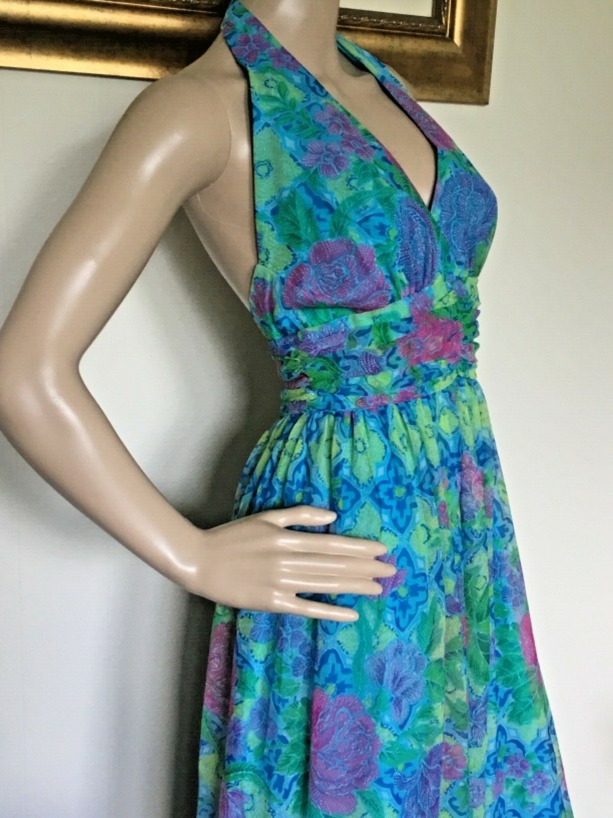 70’s Vintage Blue Neon Yellow/Pink Floral Sexy Halter Top Maxi Dress