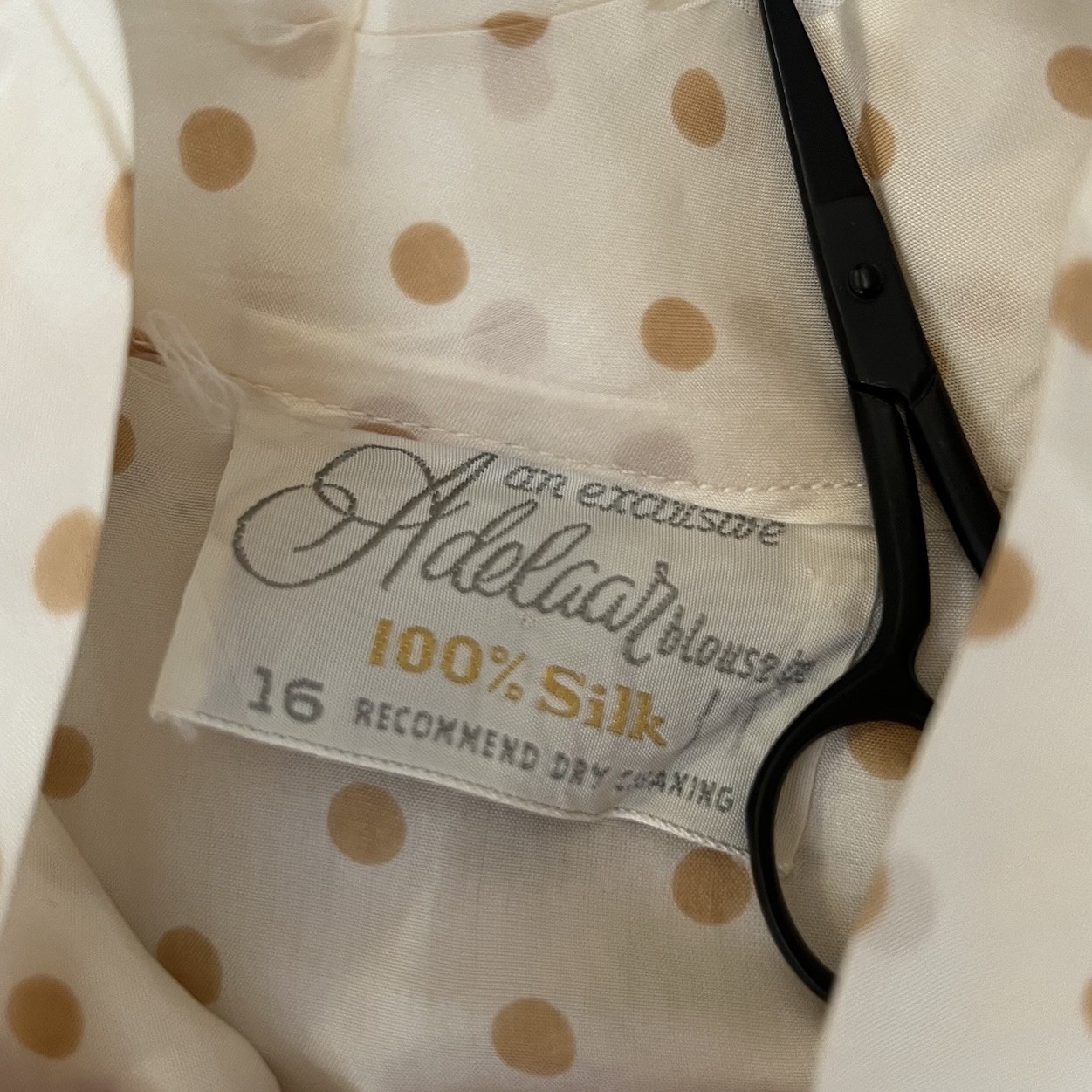 Vintage 50s Adelaar 100% Silk Blouse Polka Dot Cream Pussy Bow Short Sleeve
