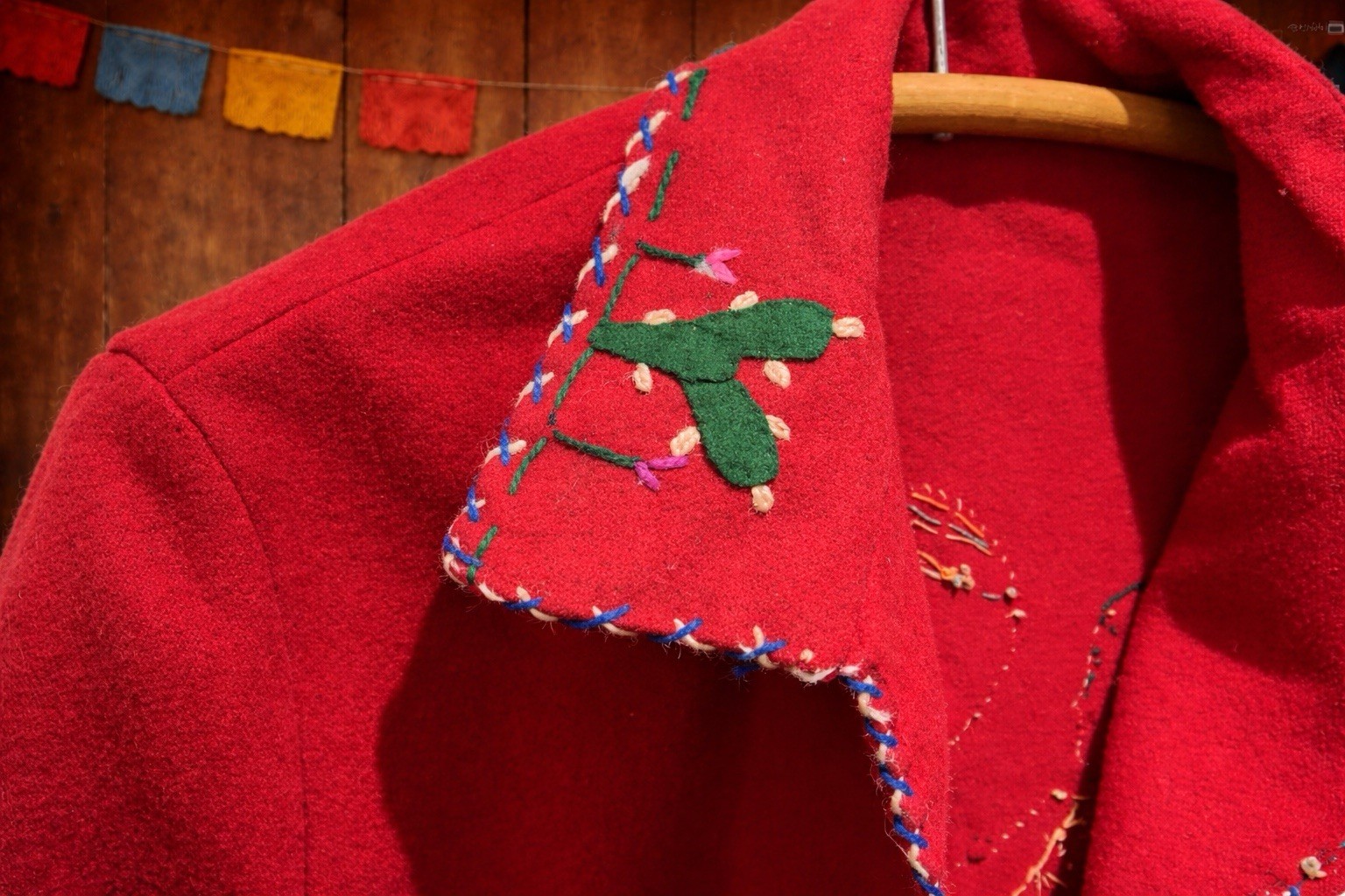 Vintage 1950s Mexican Hand Embroidered Red Wool Folk Art Jacket