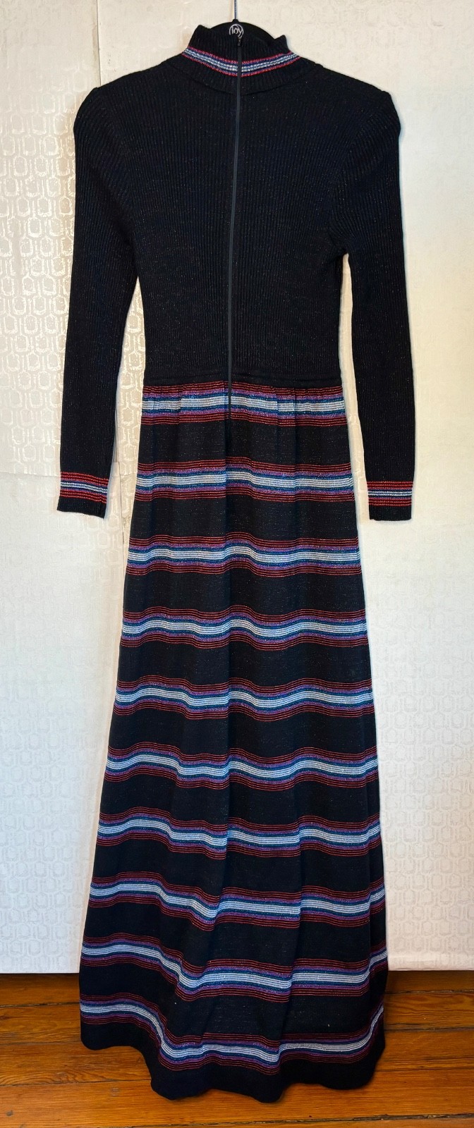 VTG 60’S CYN LES BLACK METALLIC STRIPED RIBBED STRETCH TURTLENECK MAXI DRESS S/M