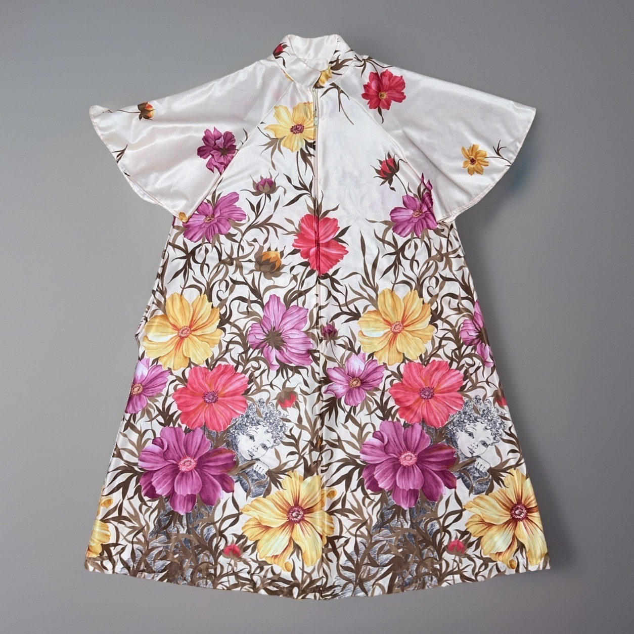 Vintage Homemade House Dress Mumu – Flutter Sleeve Floral Zip Neck – ’70s Style