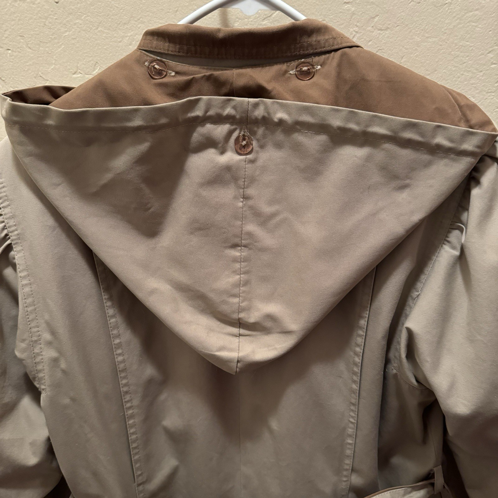 Vtg Trench Coat Maxi Tan Pockets Removable Hood/Lining (Wool Blend) GDT TOO