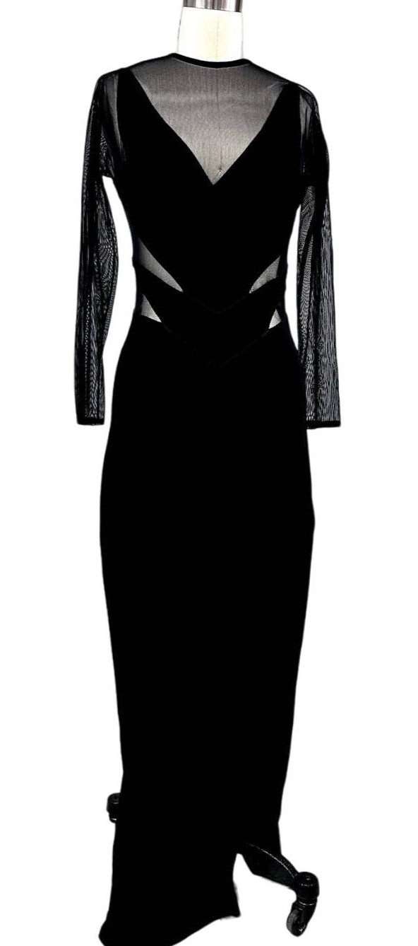 Tadashi VTG 1980s Long Black Evening Dress Sheer Cutouts Mob Wife Disco Glam M