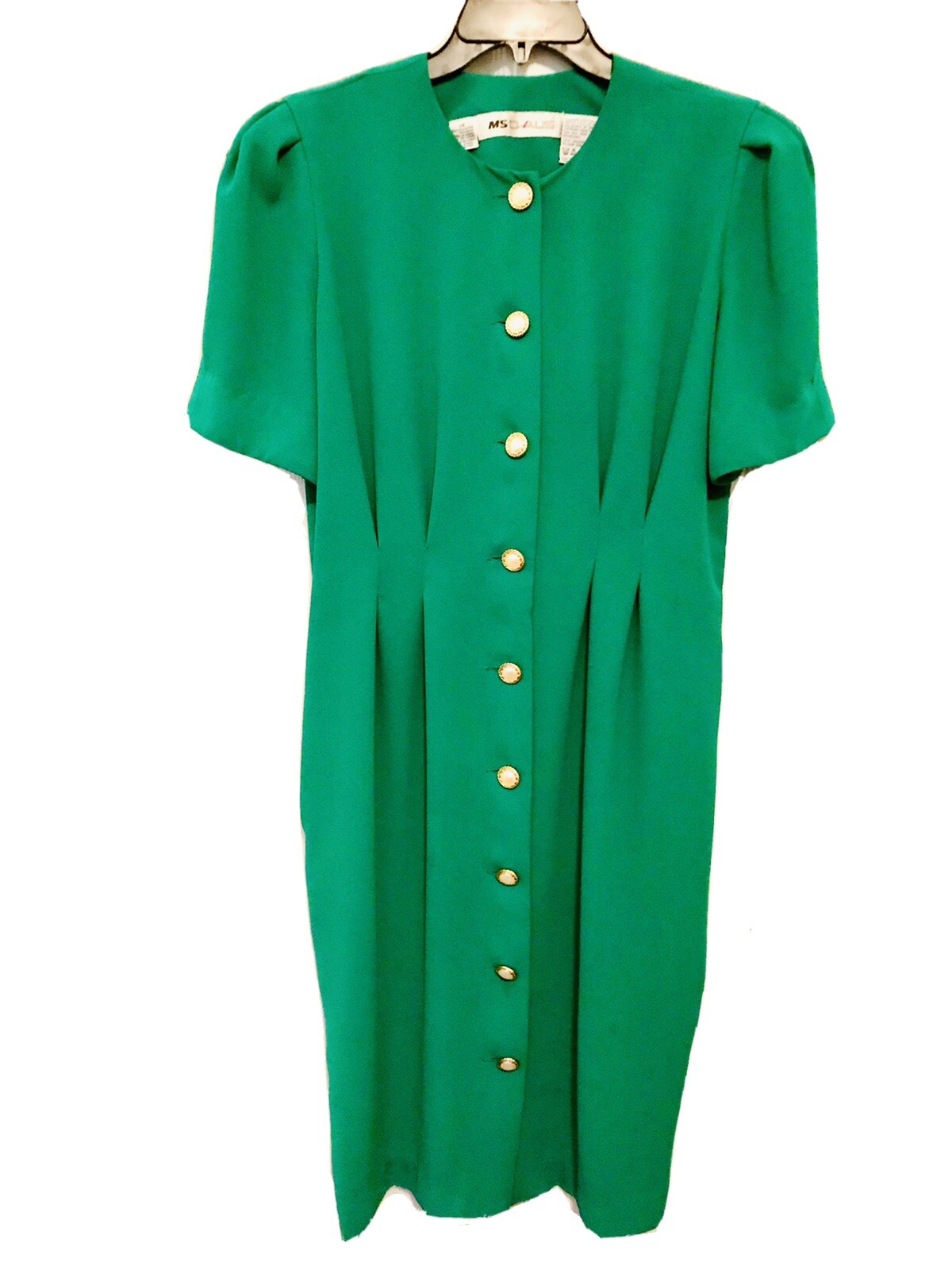 MS Chaus Vintage 1980’s Womens 14 Button Front Emerald Green Short Sleeve Dress