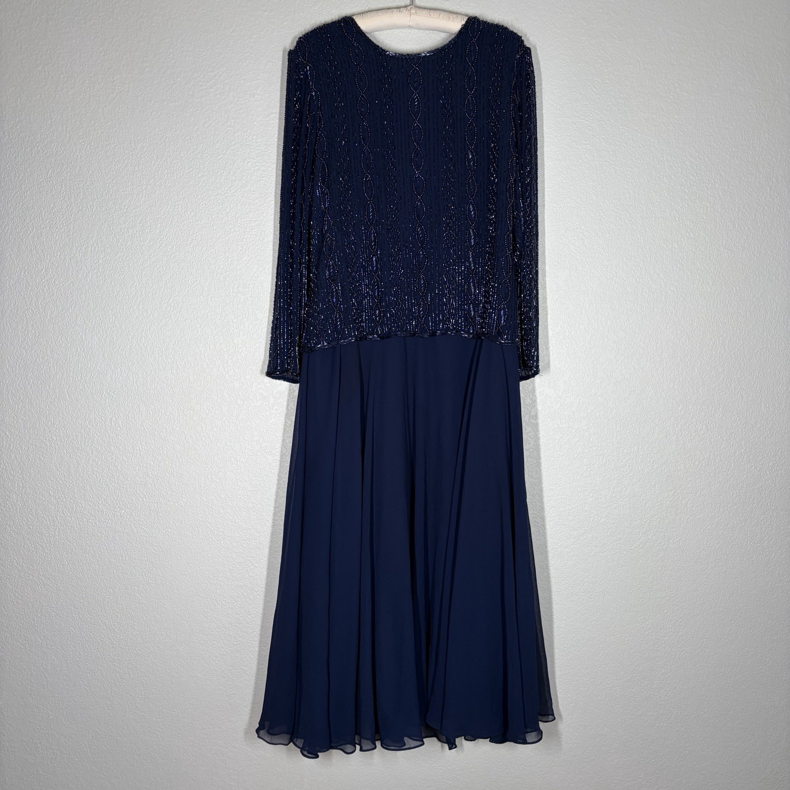 Vintage Brilliante by J.A. Navy Blue Beaded Gown Long Sleeve India MOB Large
