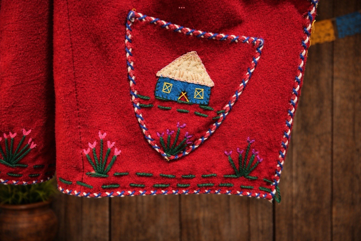 Vintage 1950s Mexican Hand Embroidered Red Wool Folk Art Jacket