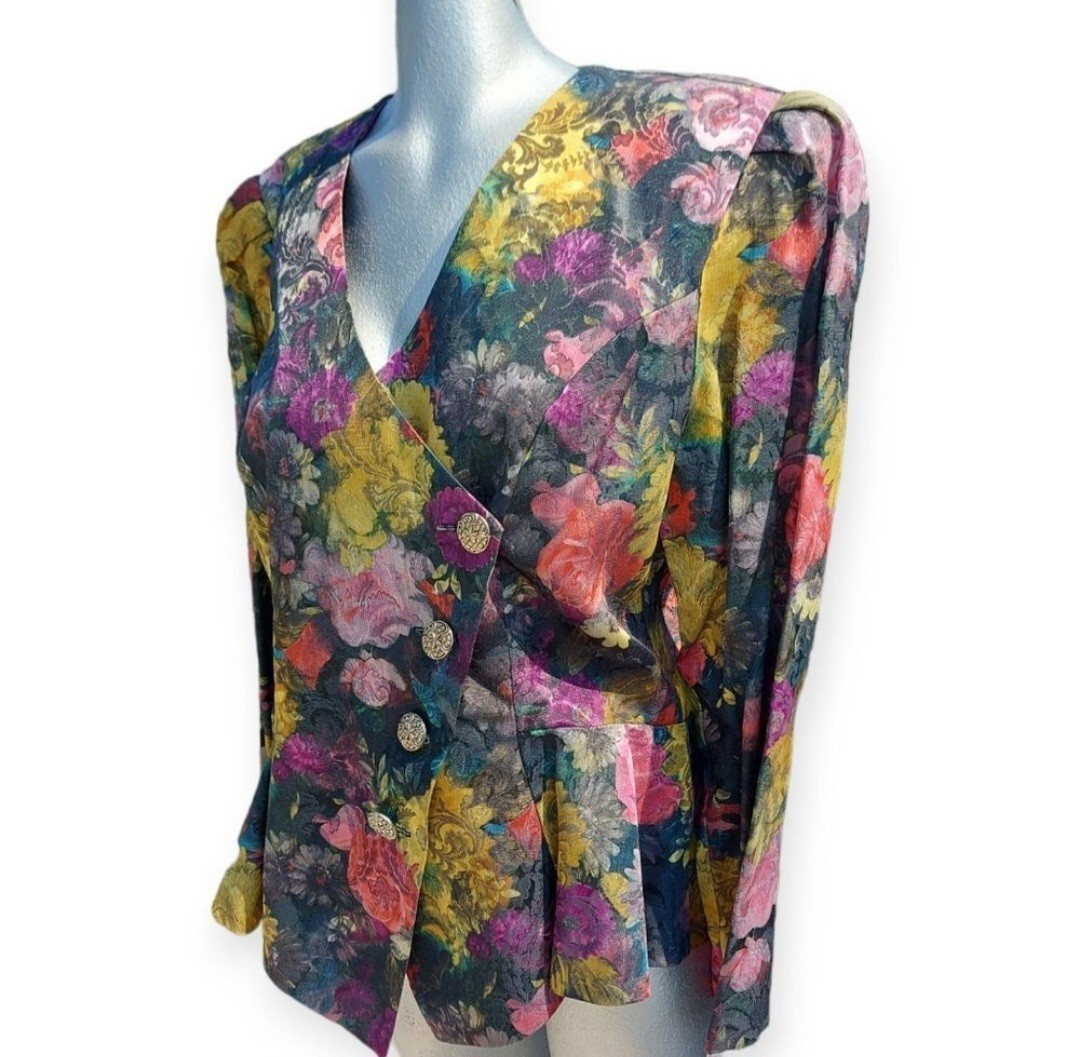 Vintage Nu-Mode 80s Floral Fitted Shoulder Pad Pleated Jacket
