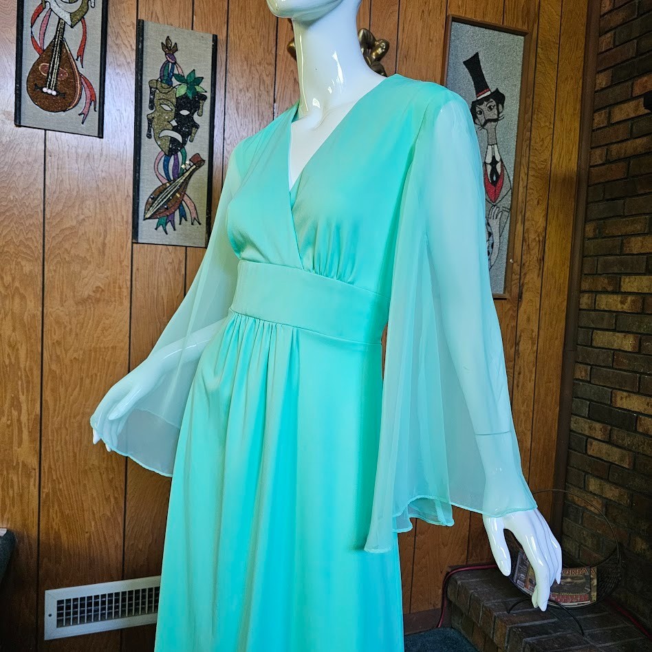 Vtg 70s Ethereal Disco Angel Bell Slv Jade Soul Train Party Prom Maxi Dress M/L