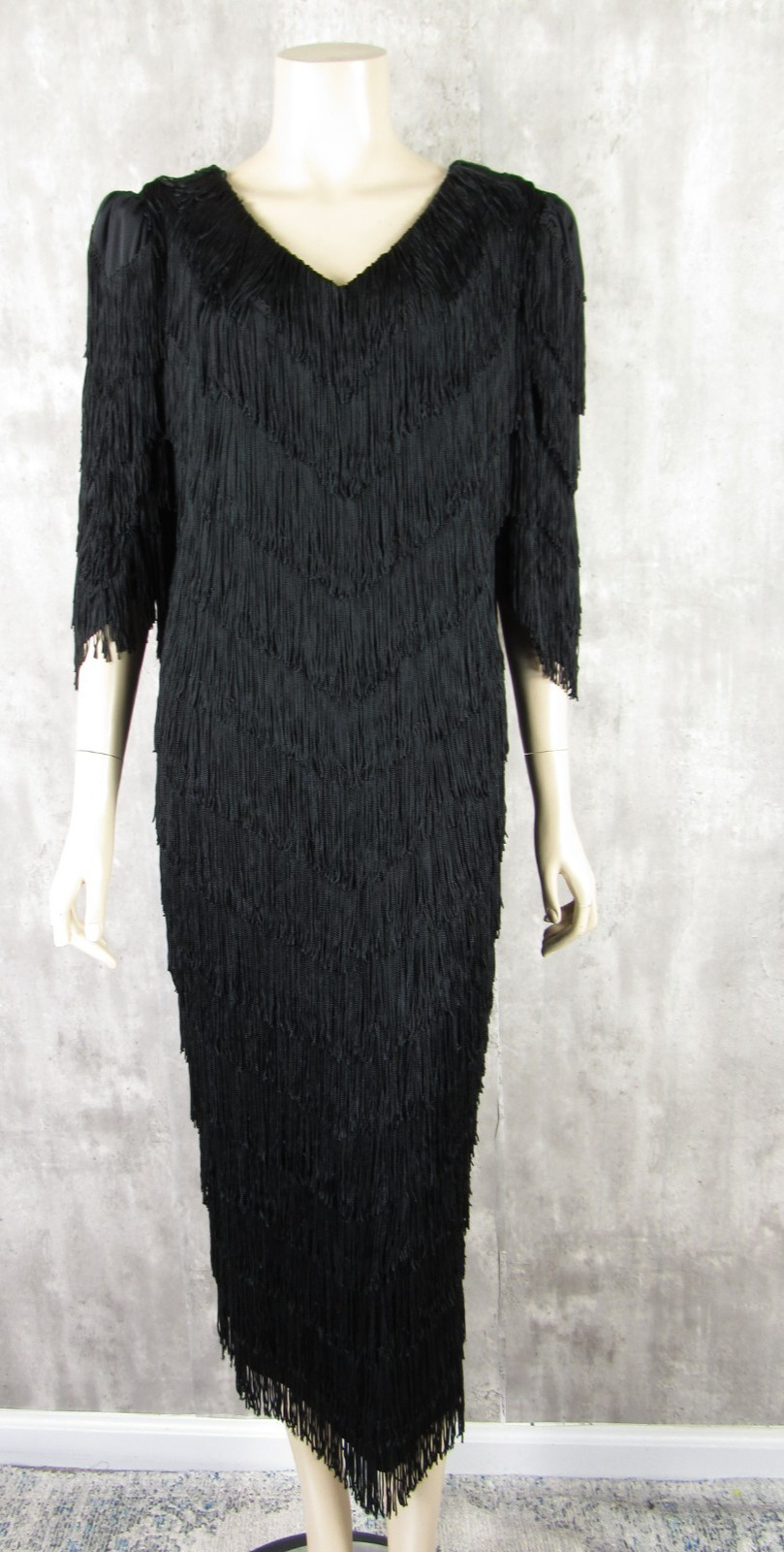 Vintage 80s Nightworks Black Full Fringe Midi Cocktail Disco Flapper Dress L/XL