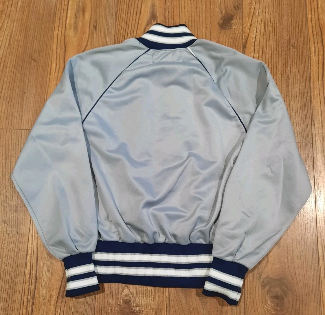 VTG 80s W.A. Goodman Sons Bomber Jacket Silver Grey Blue Varsity Striped Size XS