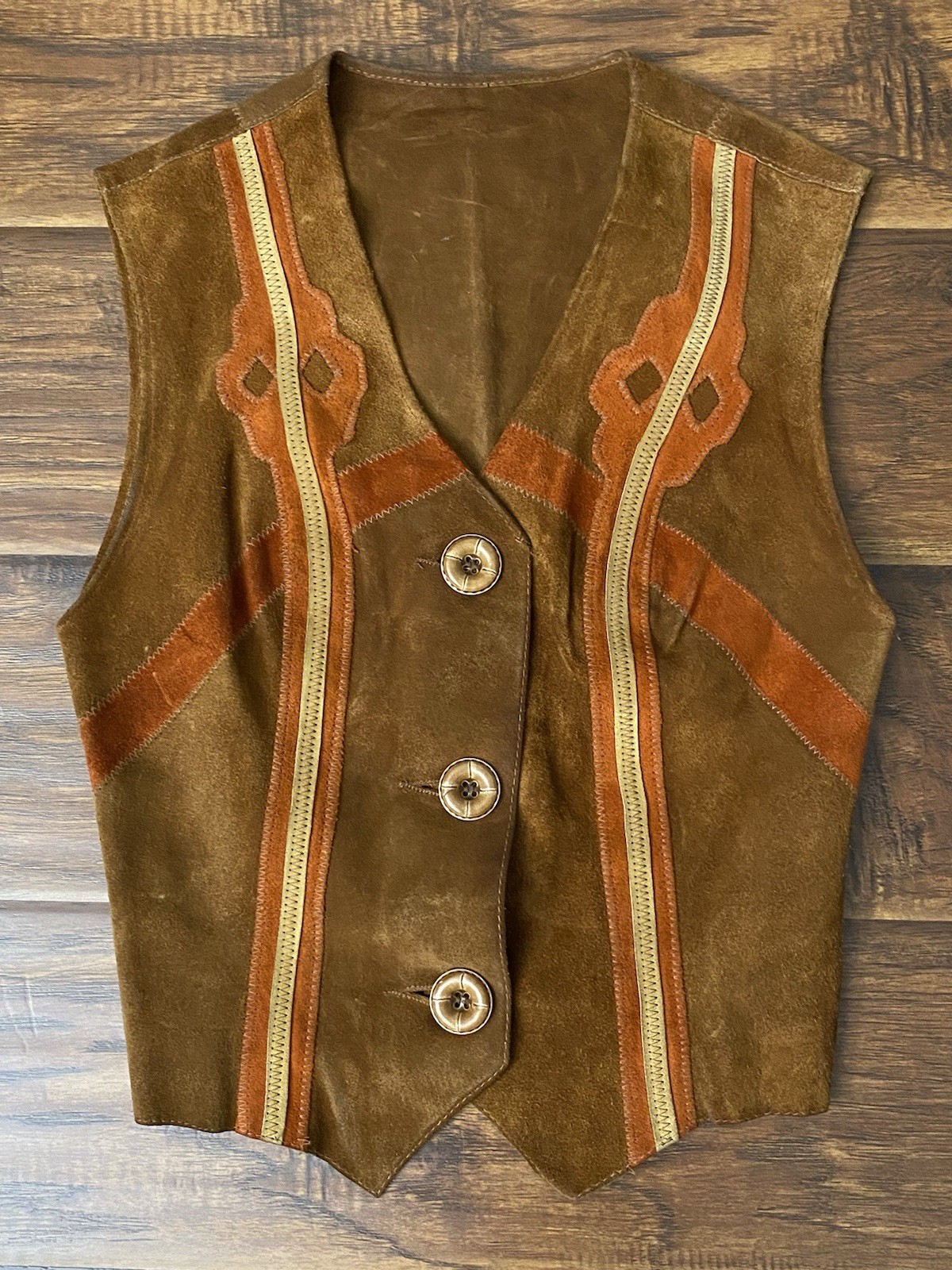 Vtg Handmade Women’s 70s Western Boho Button Suede Leather Vest Size 7/8 (XXS)