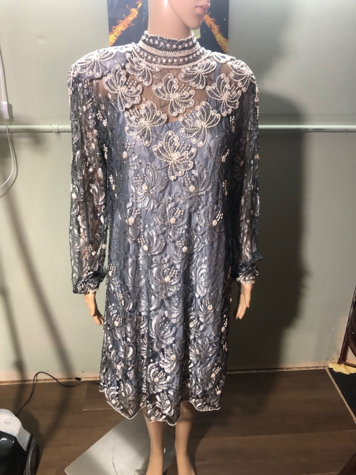 VTG 80s Gunn Fashions NYC Beaded Lace Dress XXL Plus Size Whimsigoth Goth Prom