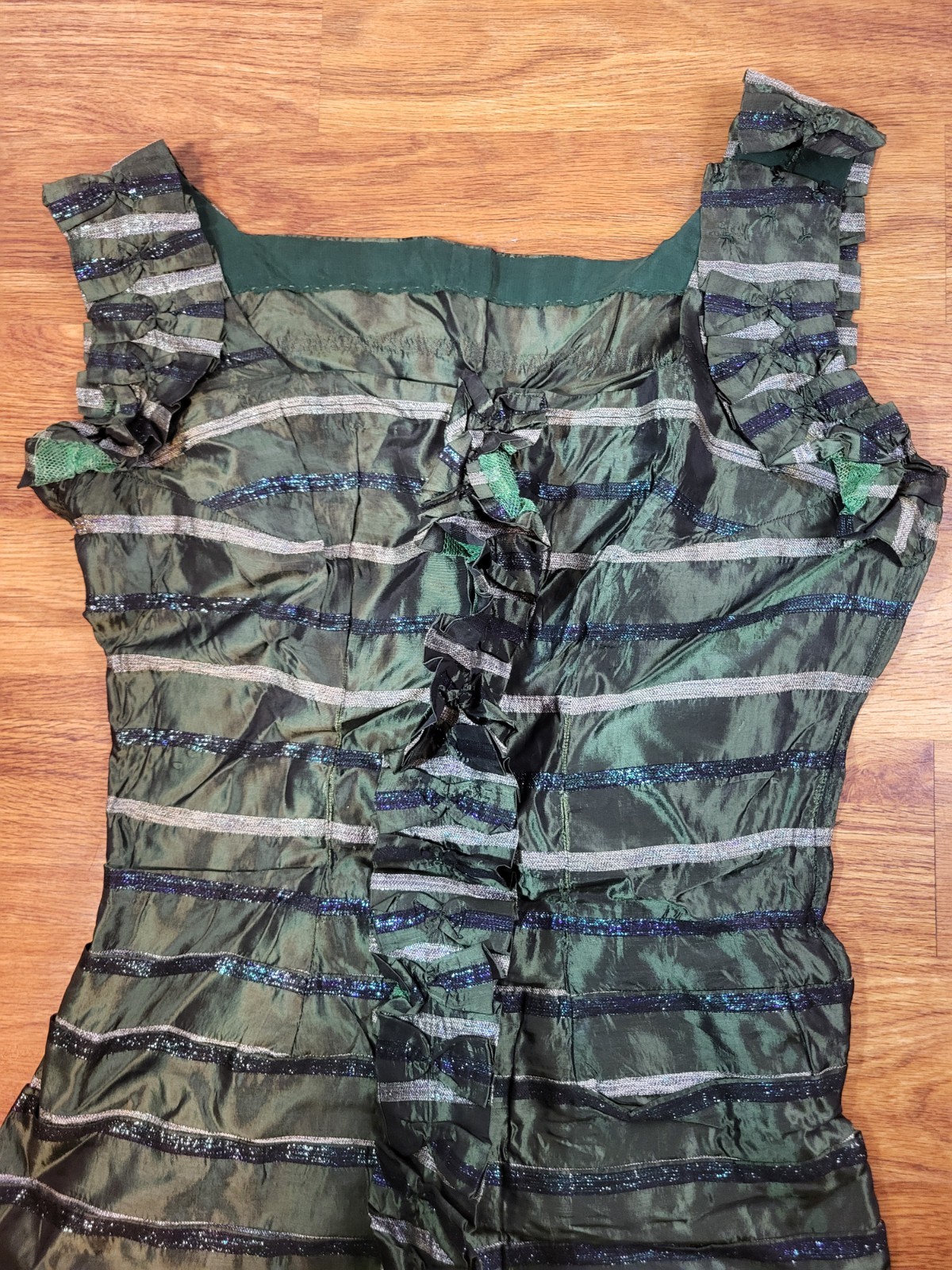 50s 60s Green Wiggle Cocktail Party Dress Med Taffeta Satin Midi VTG Lace Flaw