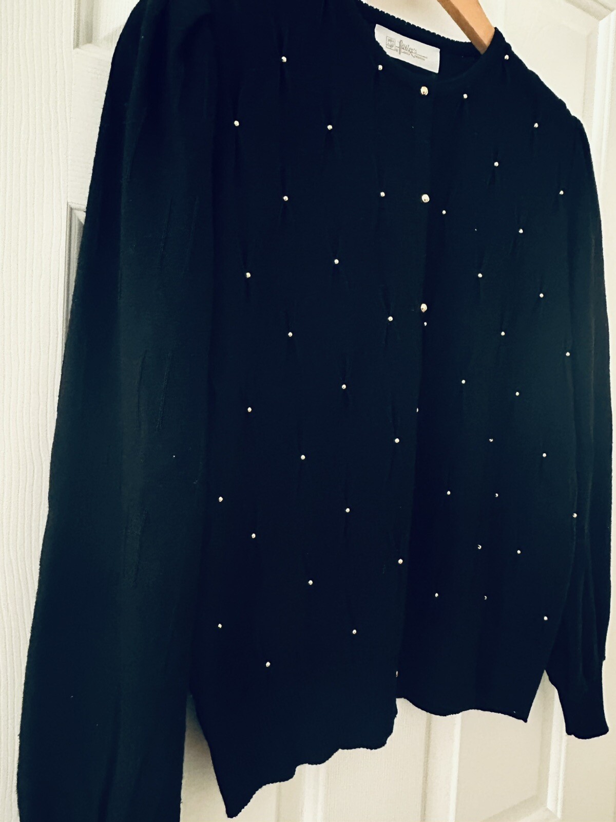 Vintage 1980’s Black Gold Button & Beads Cardigan Padded Shoulders Size Sm EUC