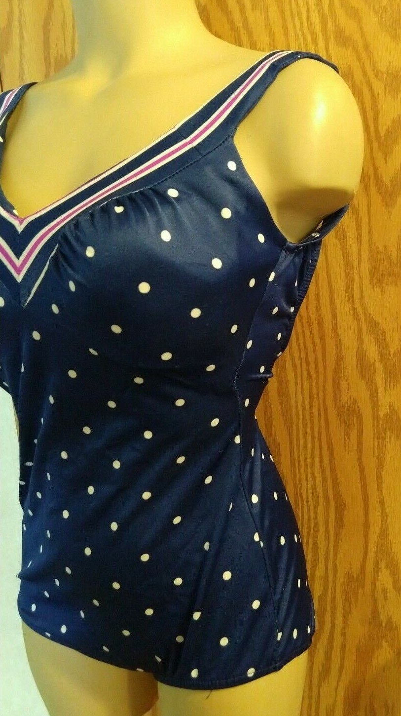 Womens Maxine Of Hollywood Polka Dot Ruched Swimsuit Pinup Bombshell bra VTG