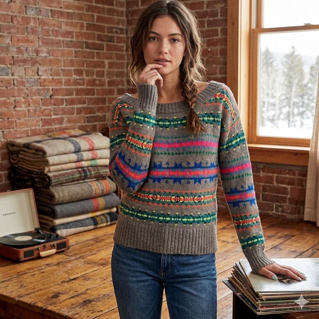VTG Indie Eclectic Grandpa American Eagle Neon Fair Isle Wool Nordic Ski Sweater