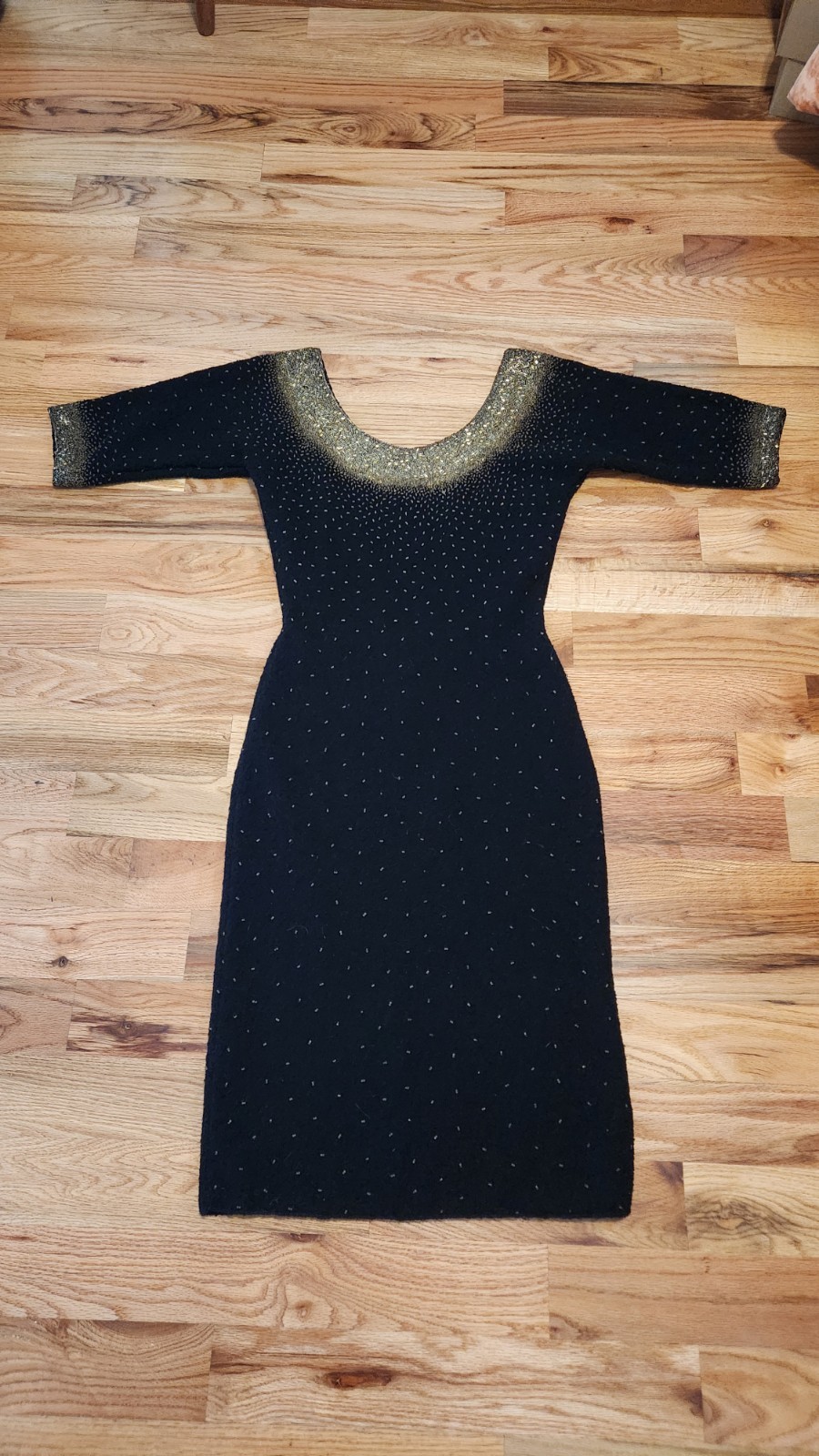 Vintage Gene Shelly’s Black Gold Beaded Knit Wiggle Dress Sz 16 1950s 1960s