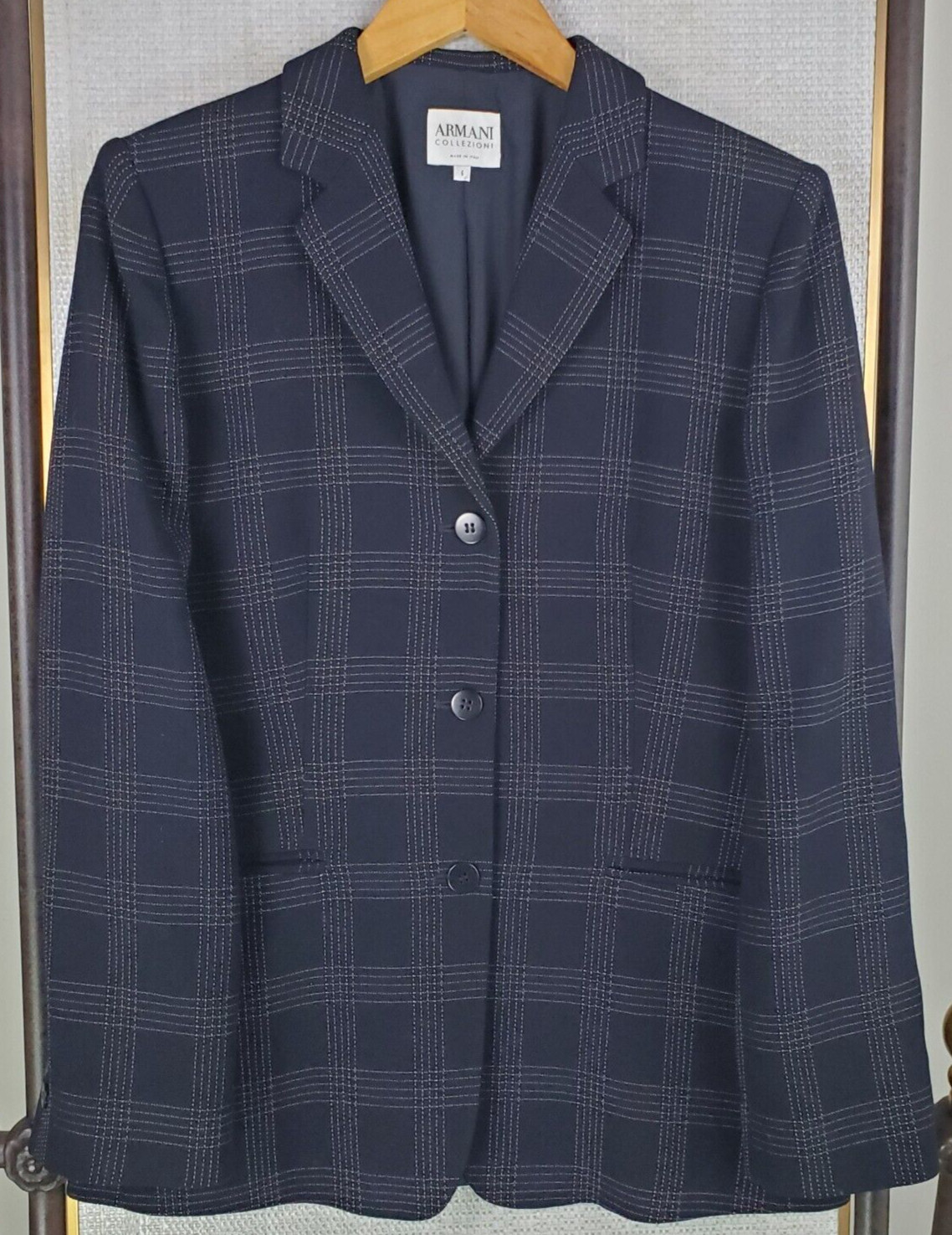 ARMANI COLLEZIONI Womens Size Small 6 Italy Made Black Plaid Wool Blazer Jacket