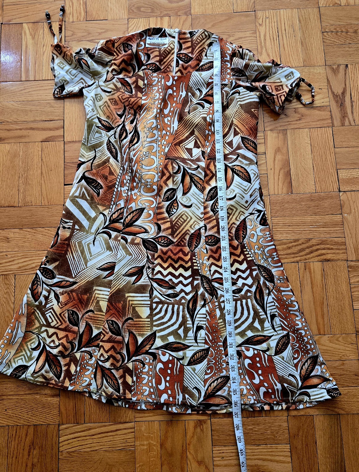 Vintage Emotions 90s Tribal Brown Short Sleeve With Bead Trim Past Knee Dress