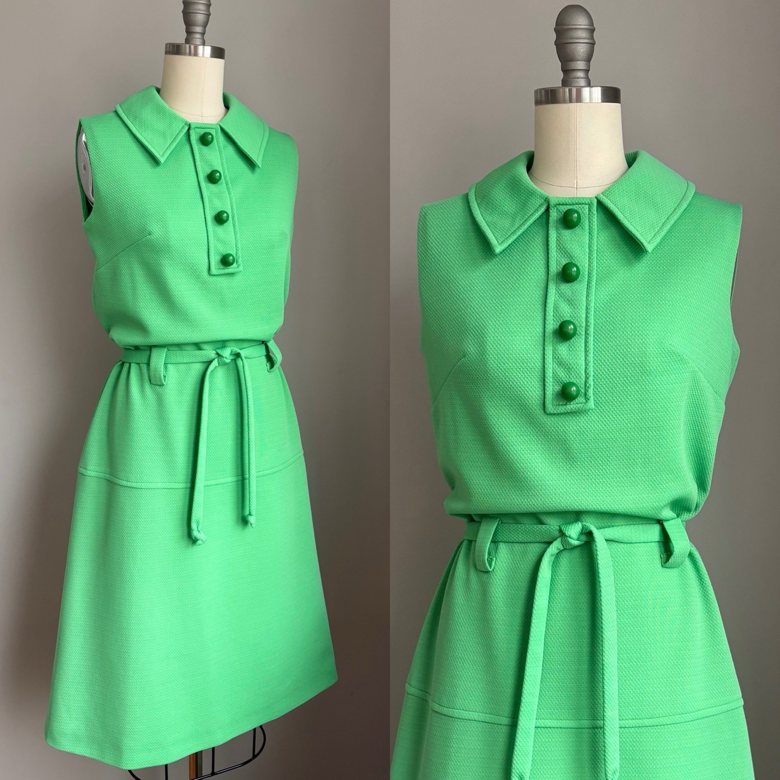 Mod Vintage 1960’s Green Polyester Knit Belted Dress Size Small