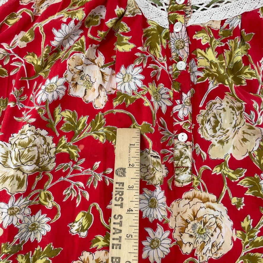 Vtg Nightgown XL Red Floral Cottage Victorian Edwardian Coquette Grandma Crochet