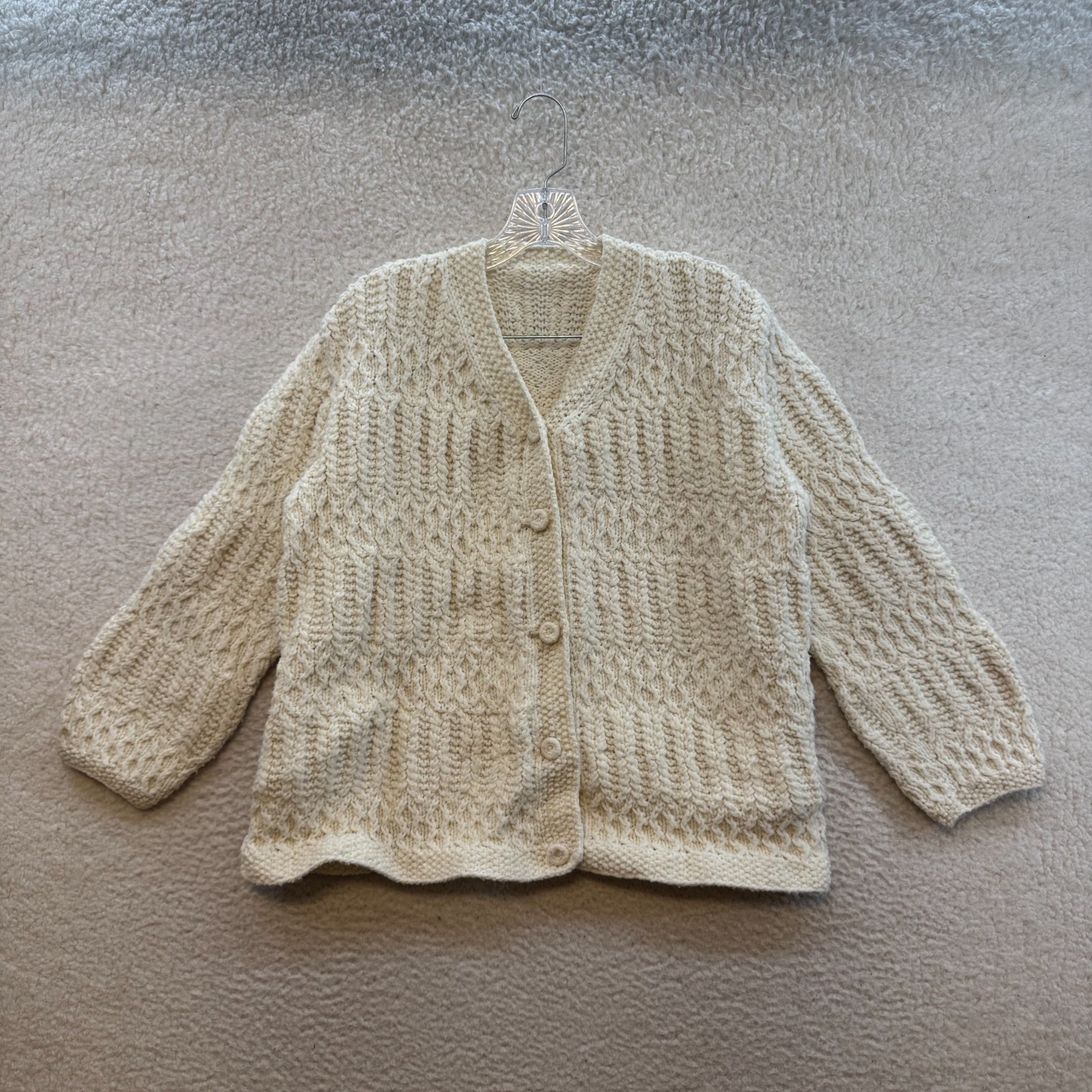 Vintage Hand Knit Cardigan Sweater Large Womens Cream Ivory Off White Chunky
