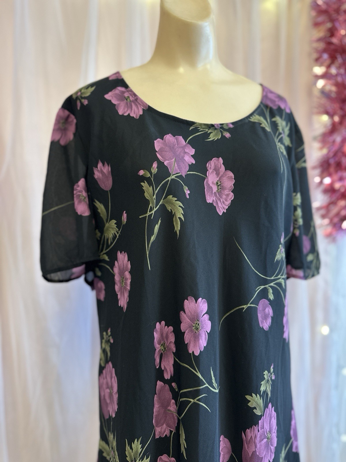 Vintage 90s Floral Print Maxi Dress Black Purple Flowy Boho Plus Size 3X