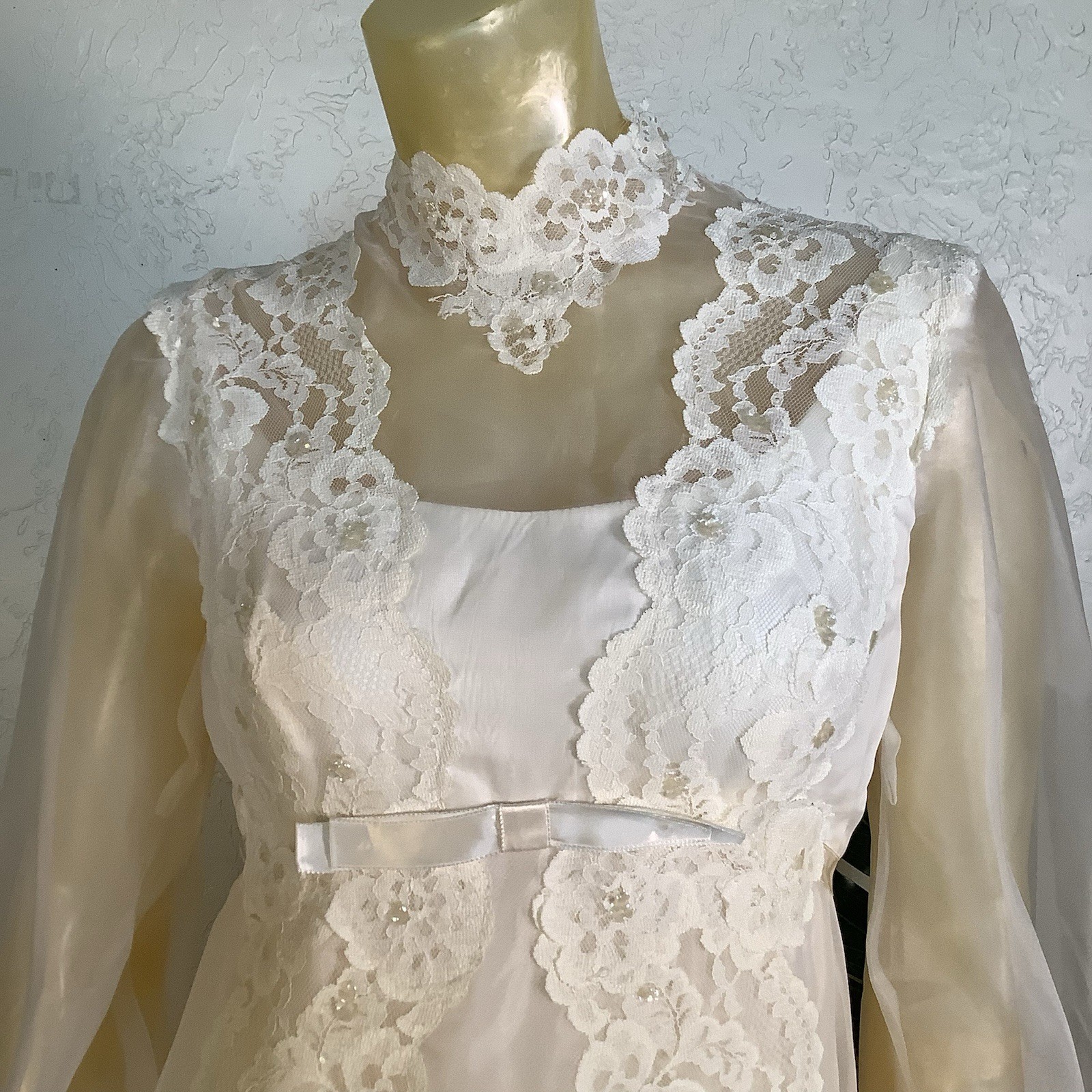 1970s Bridal Originals Regency Inspired Empire Waist Lace Wedding Dress & Train
