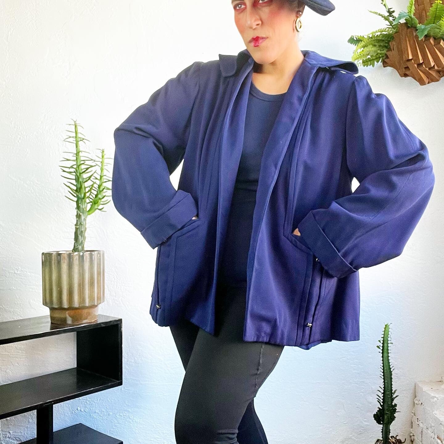 PLUS SIZE Navy Blue Wool GABARDINE 1940’s 40s Vintage Pleated Swing Jacket L Xl