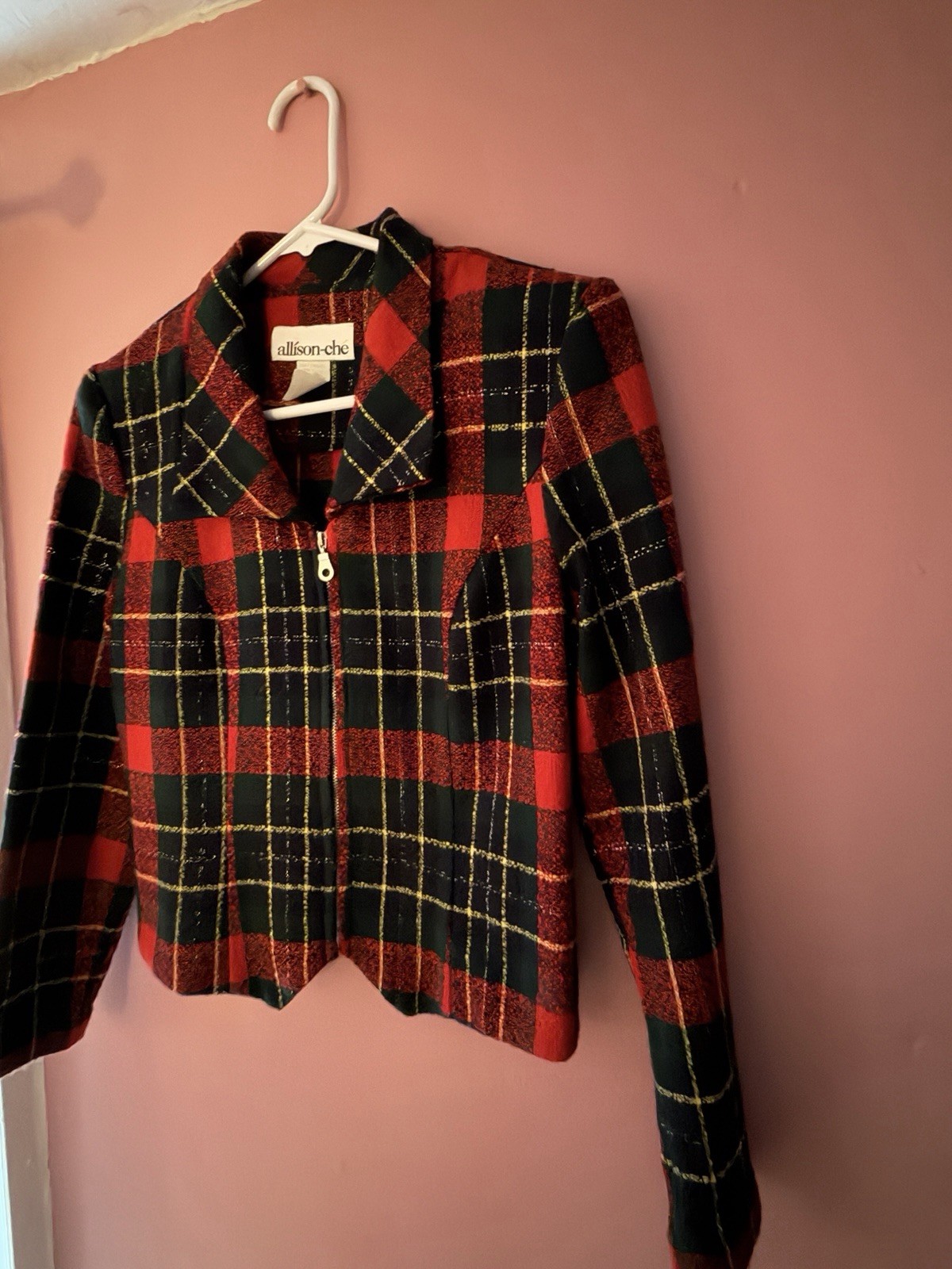 Vintage 90s Plaid Blazer Jacket Fitted Crop Shacket -Bold Bright Zip Up Holiday