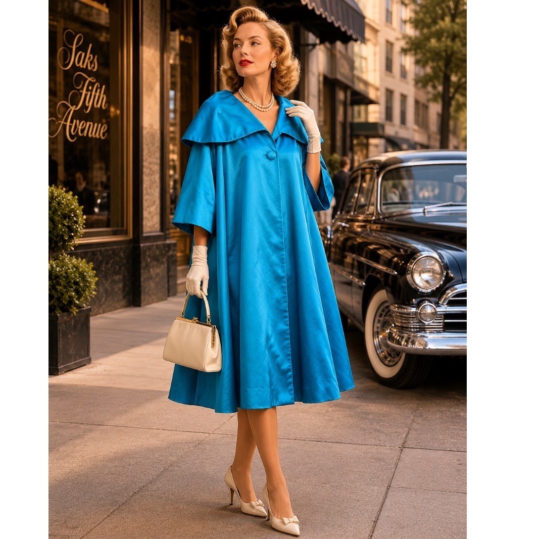 Vintage 50s swing Opera coat Satin Blue Sz L round collar B Forman Co.