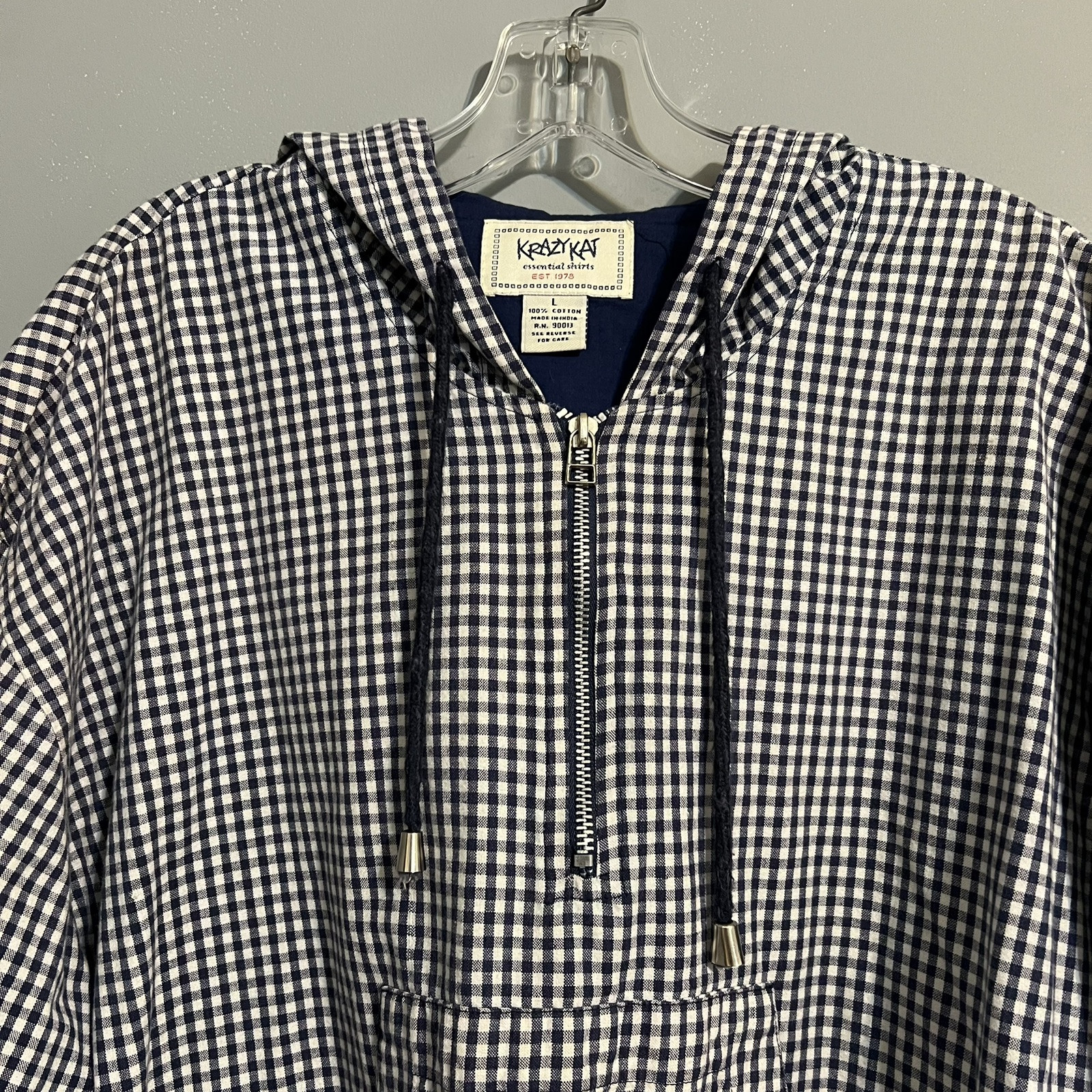 Vintage Krazy Kat Blue Check Top With Hood Kangaroo Pocket Sz Large