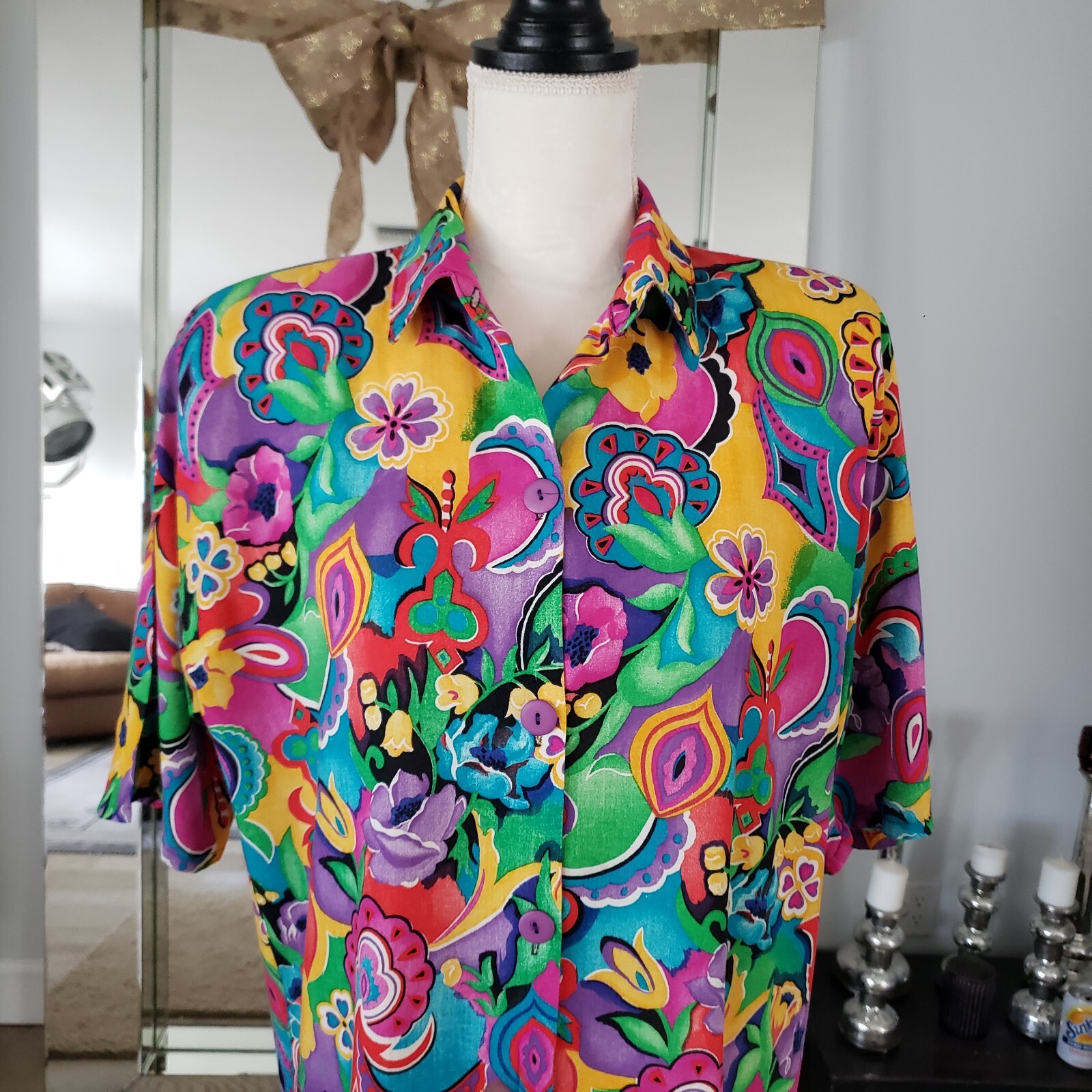 Women’s VTG California Connection Tropical Bright Hawaiian Shirt Sz Med 12-14