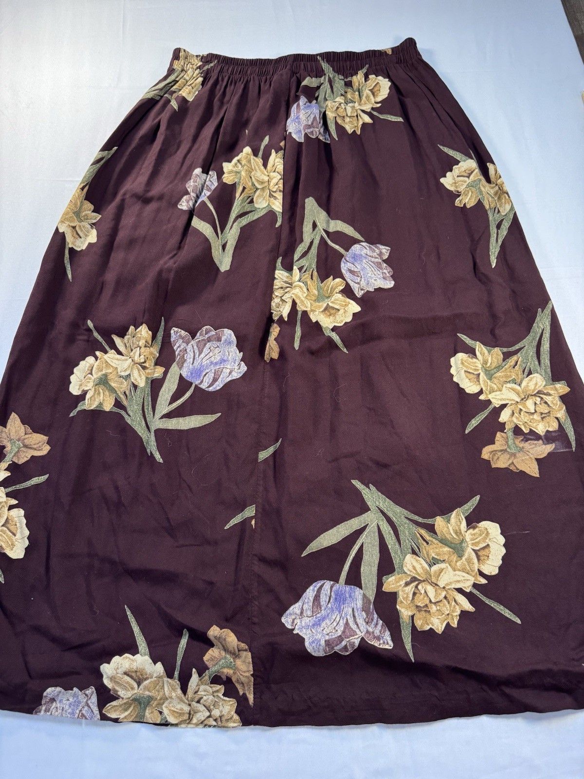Vintage Jeri Marque 1980s A-line Maxi Skirt Deep Burgundy/Brown Floral Pattern M
