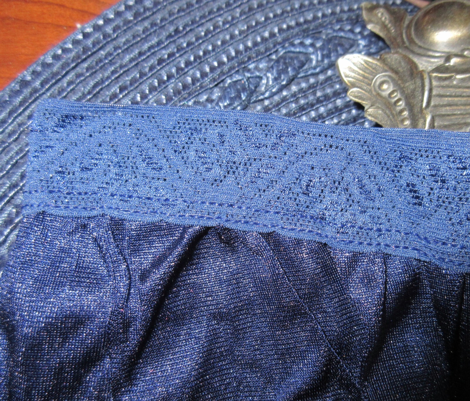 vtg FRUIT of the LOOM MIDNIGHT BLUE lace waist HI LEG SISSY sheer panties 6/M