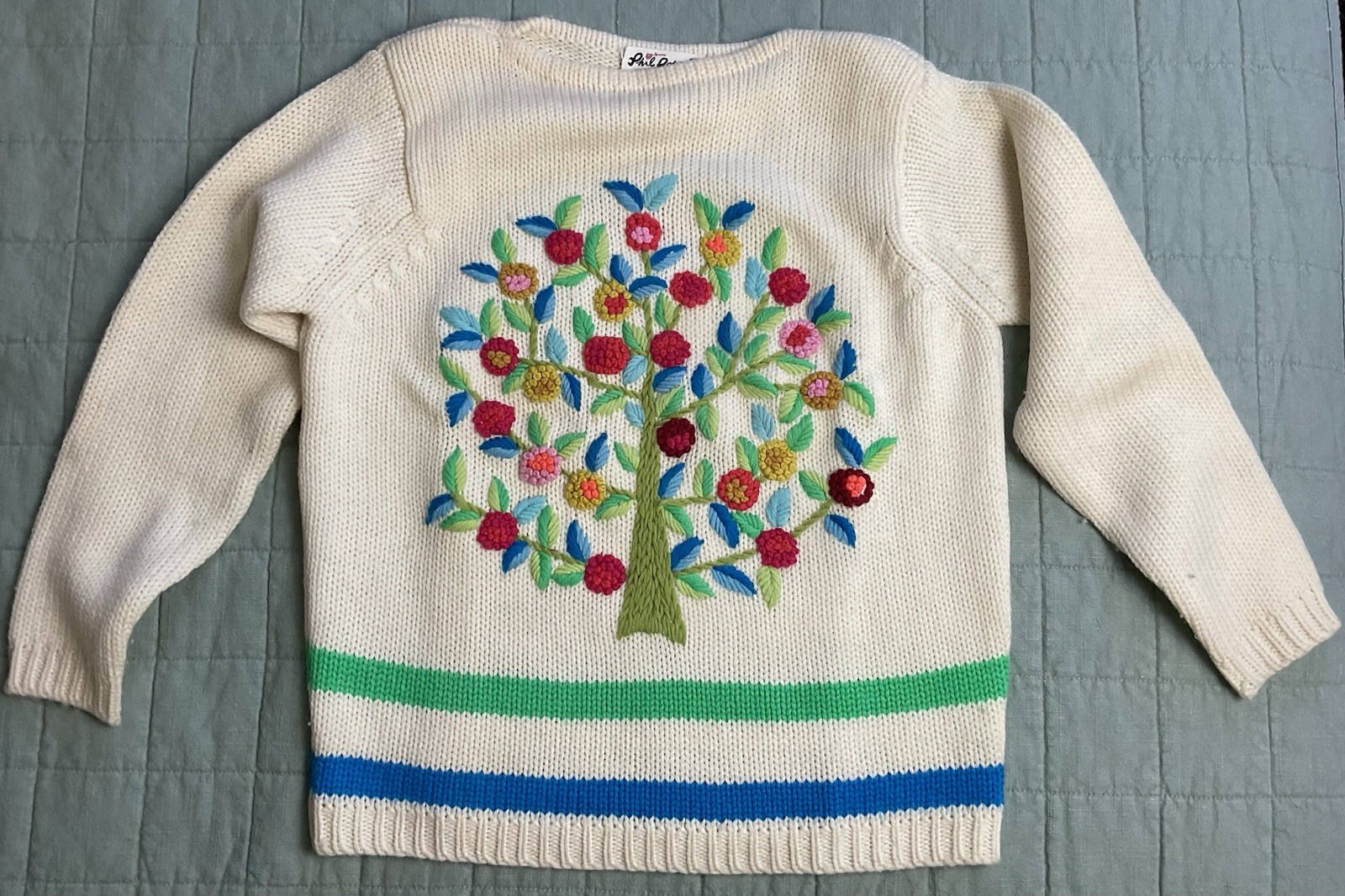 Vintage Wool Sweater Medium Tree of Life Retro MCM Mod Embroidery -Hong Kong