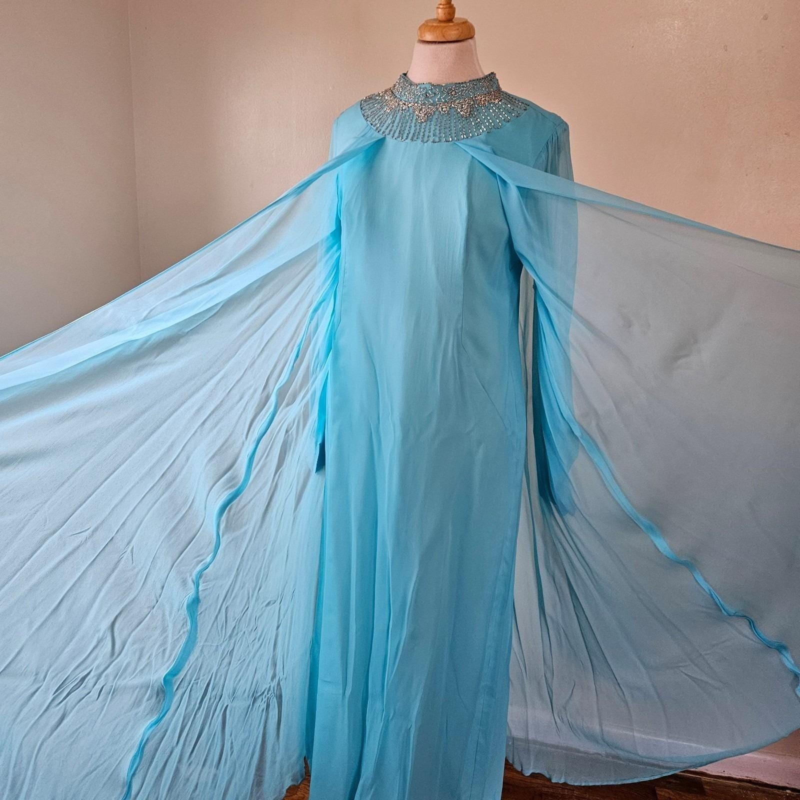 Vintage 70s Blue Disco Diva Stage Chiffon Sheer Overlay Maxi Dress Gown Beaded M