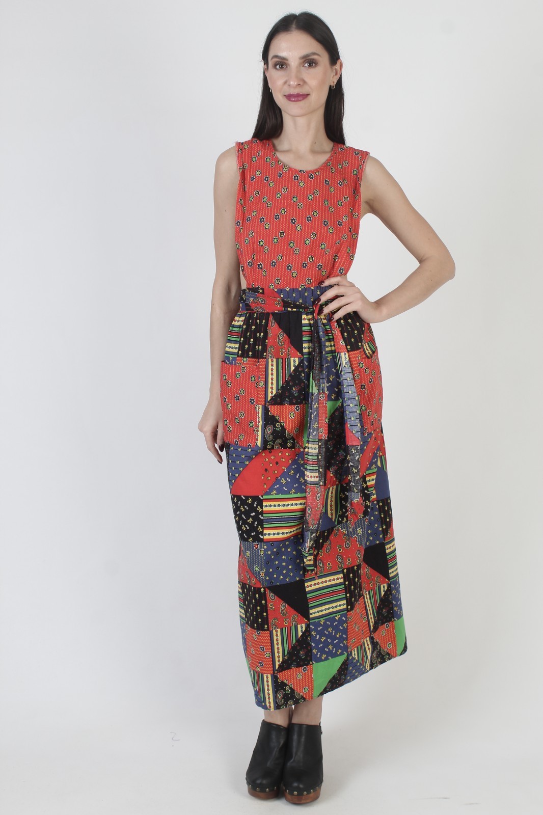 Vtg 70s Patchwork Pinafore Country Farm Calico Red Apron Boho Prairie Sundress