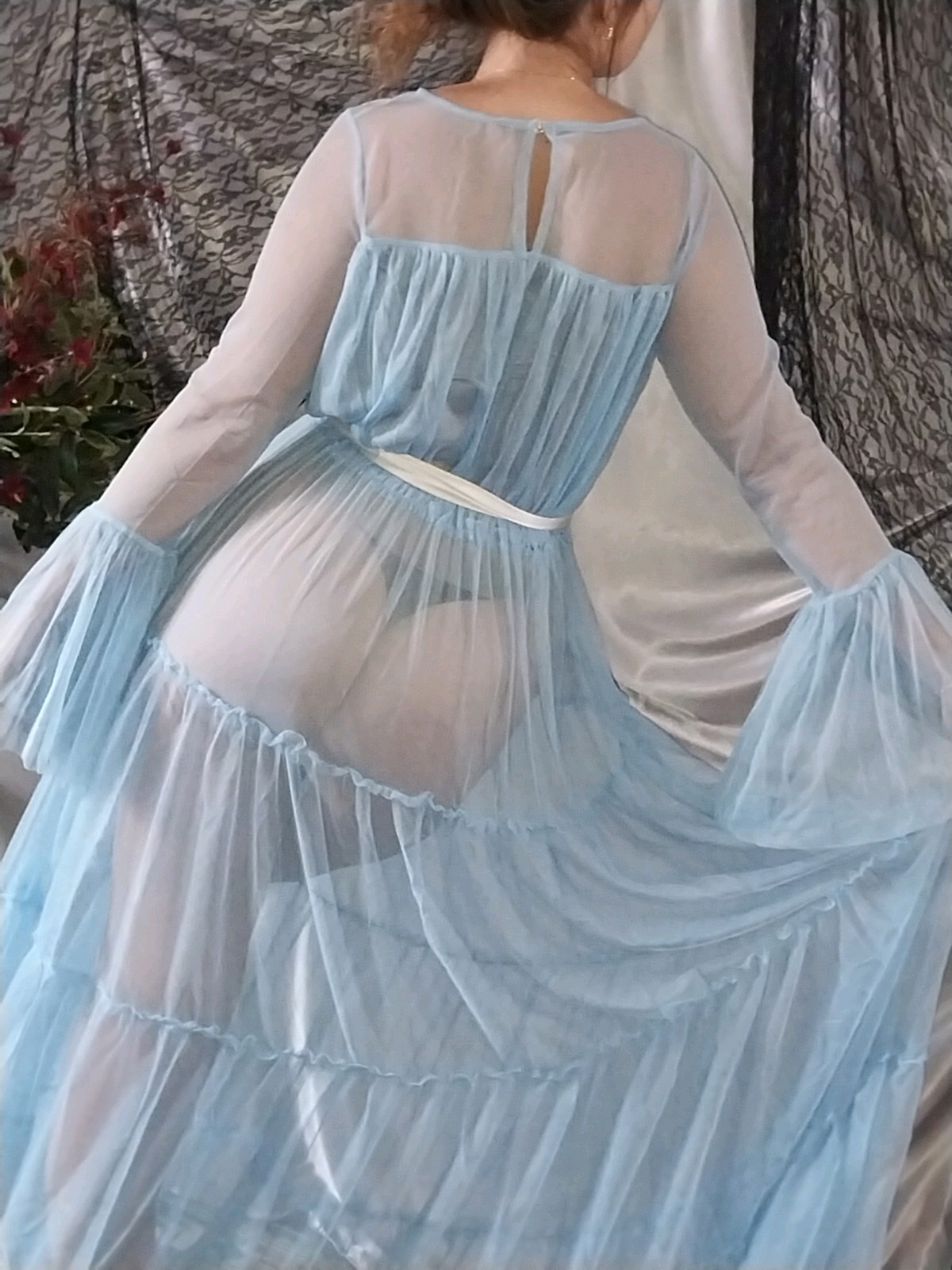 VTG NYLON BABY BLUE OPAQUE SHEER RUFFLES LAYERS TIER BELL SLV SWEEP NIGHTGOWN 48