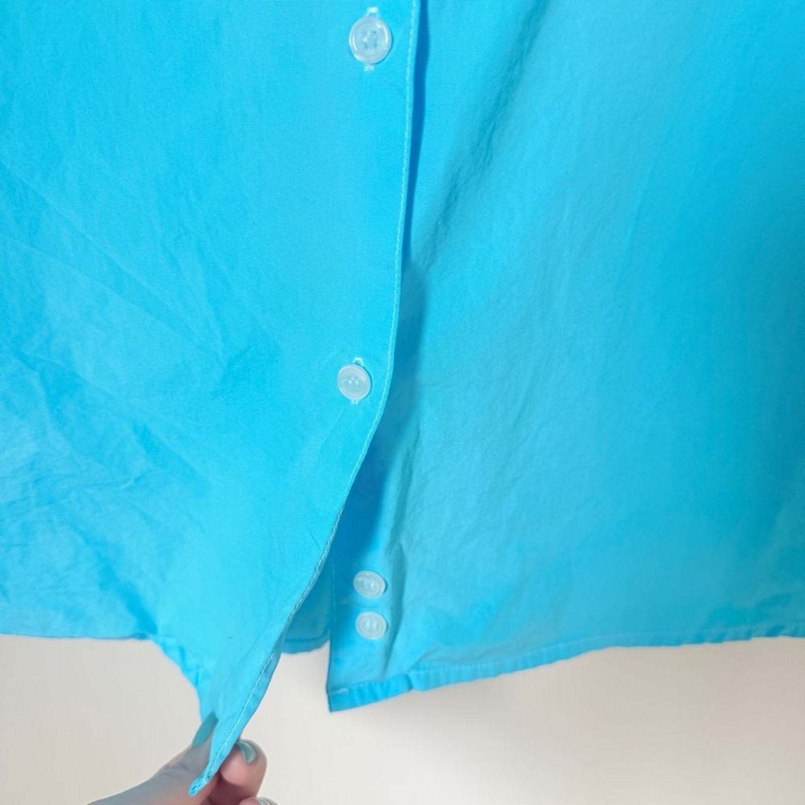 Vintage Hand-dyed Turqoise Aqua Blue Button Down Shirt Blouse Top Eyelet Trim 12