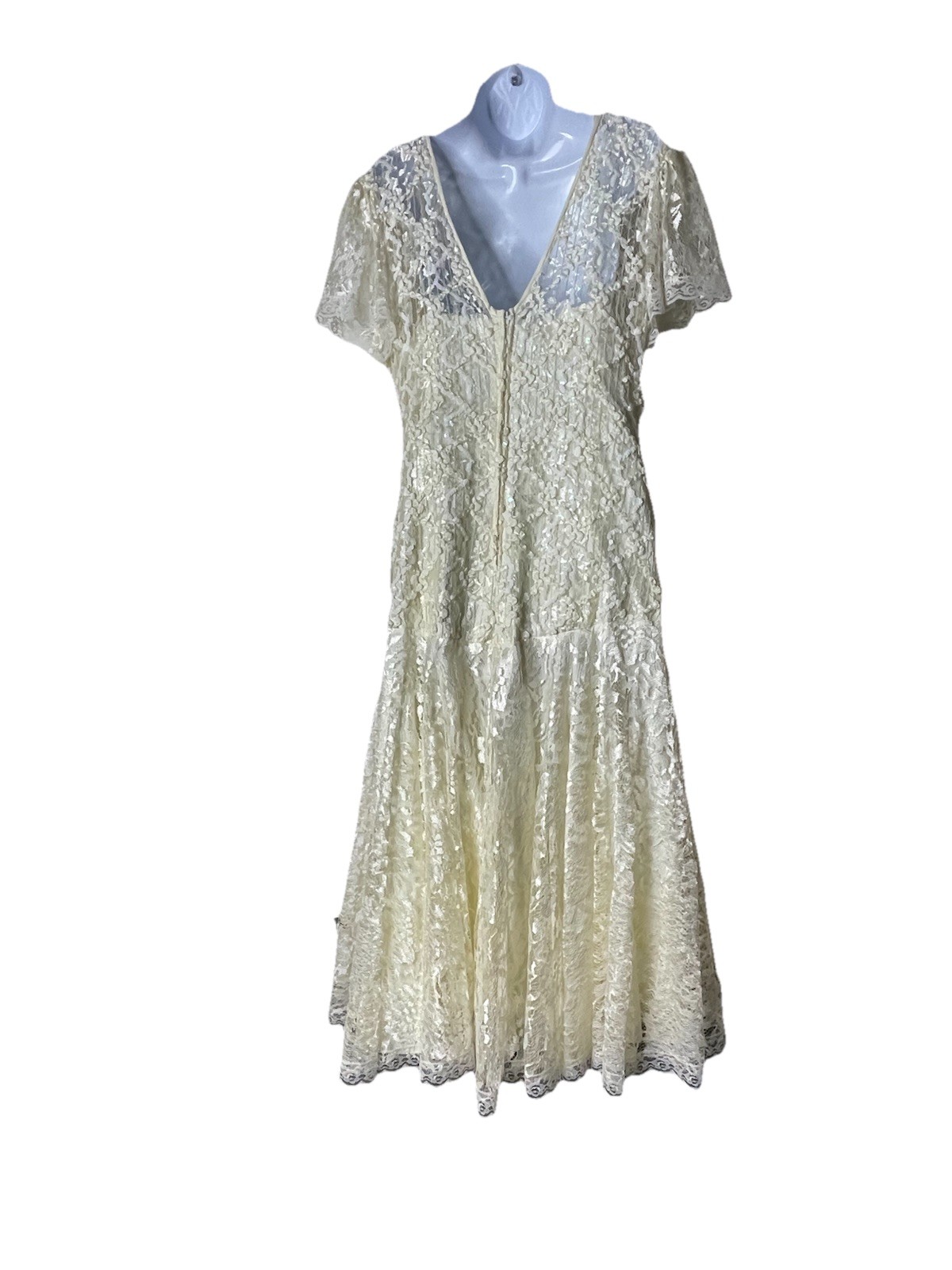 VTG 80s HW Collections Ivory Shiny Sequin Lace Drop Waist Ball Gown Wedding M-L