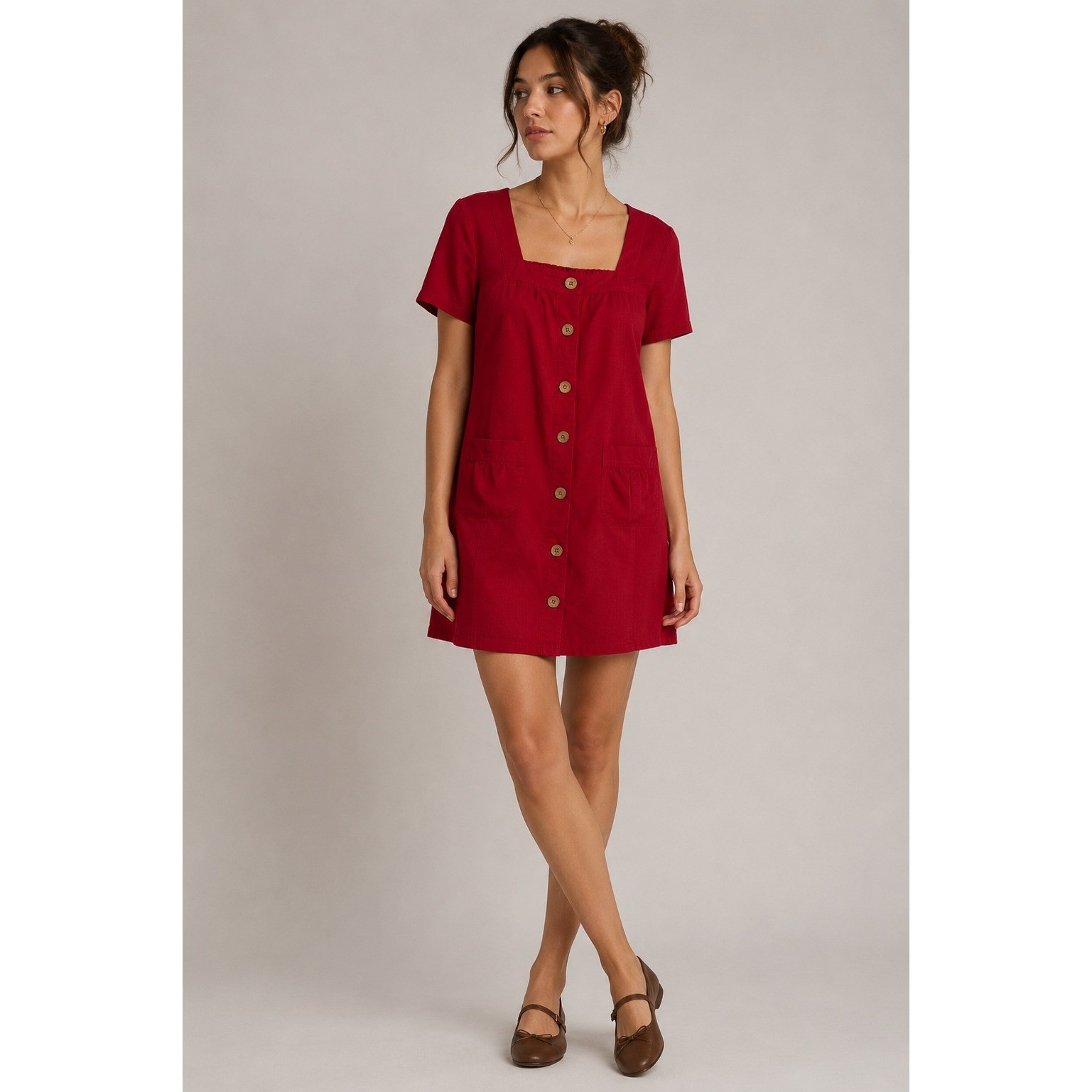 Vicki Blue Button Front Classic House Dress Womens Large Red Cotton Pockets