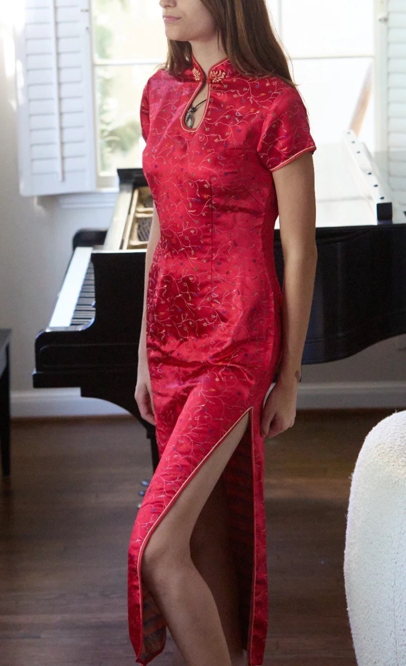 Vintage 60s 70s Cheongsam Peony Brand 36 (S) Dress Maxi Red Qipao Brocade