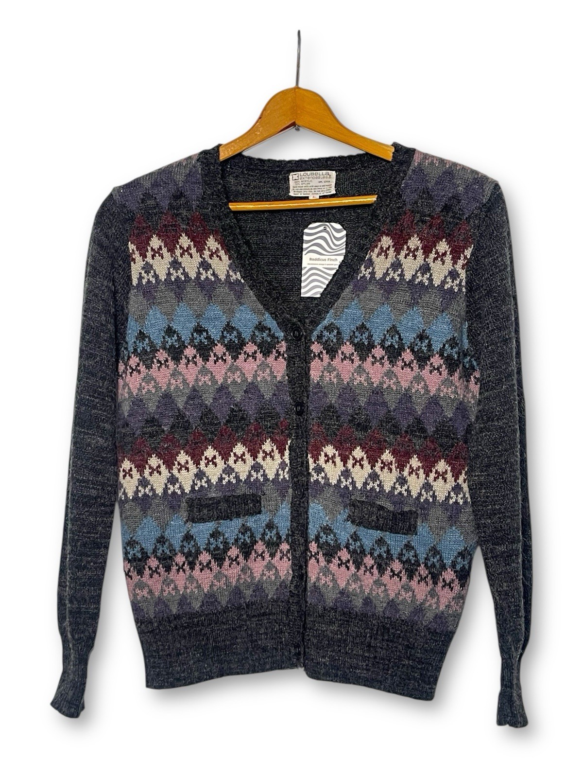 Vintage 80’s Loubella Gray Argyle Knit Cardigan Sweater Size L