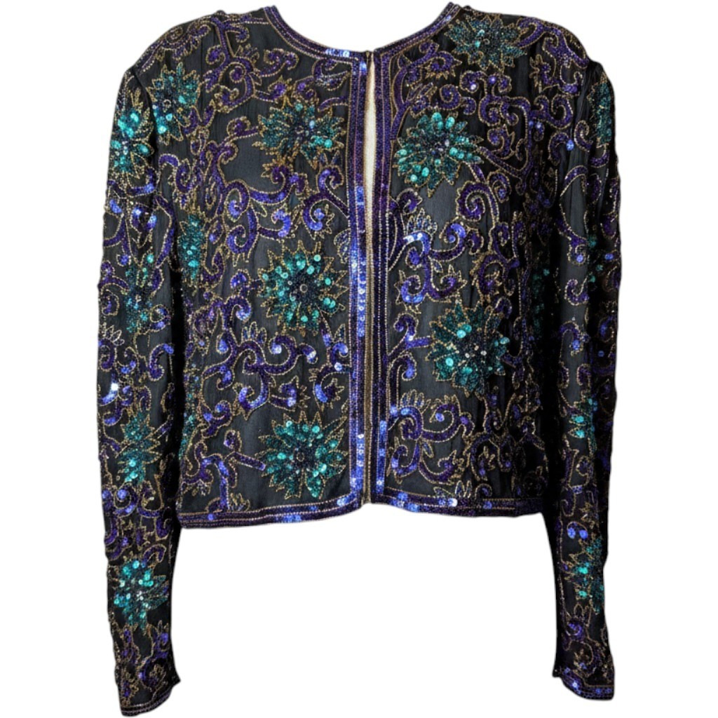 Scala Beaded Sequin Silk Jacket Womens M Black Teal Purple Excellent Vintage